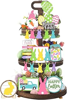 20 Pieces Easter Tiered Tray Decor Easter Decorations Rustic Easter Decor Gnome Bunny Rabbits Eggs Wooden Spring Sign Decorative Trays Signs for Home Table Office Kitchen Farmhouse Party Tabletop