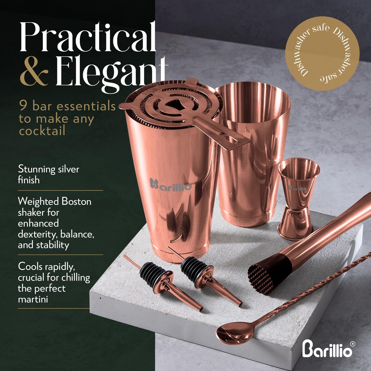 Barillio Juego de coctelera Boston de oro rosa, acero inoxidable, juego de coctelera con peso Martini con colador y mezclador, kit de barman de mixología, juego de bar para el hogar, juego de