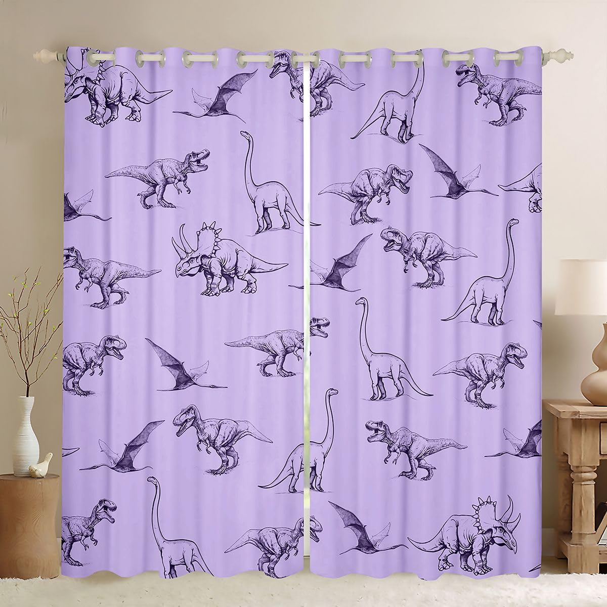 Homewish Rideau Occultant 140x245 cm Jurassique Rideau Dinosaure Rideaux Voilage Ptérosaure Tricératops Dessiné à la Main Voilage Fenetre Dessin au Trait Simple Violet pour Chambre Salon