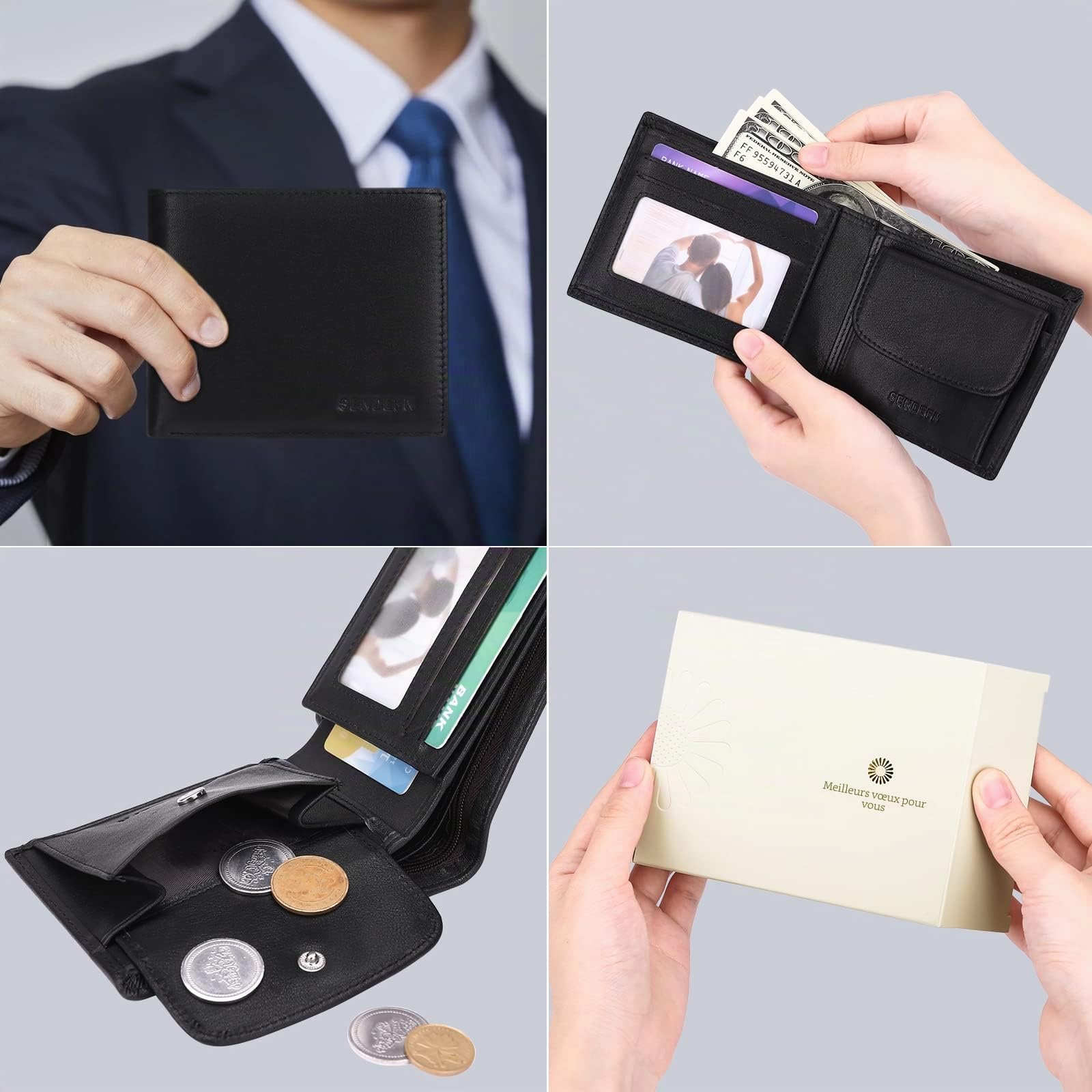 SENDEFN Portefeuille Homme en Cuir véritable Porte-Monnaie Porte-Cartes avec Blocage RFID, Rangement Pièces