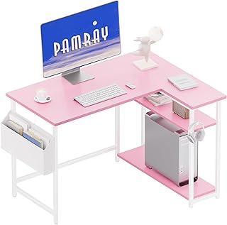 Pamray 40 Inch L Shaped Computer Desk with Reversible Side Storage Shelves, Small Corner