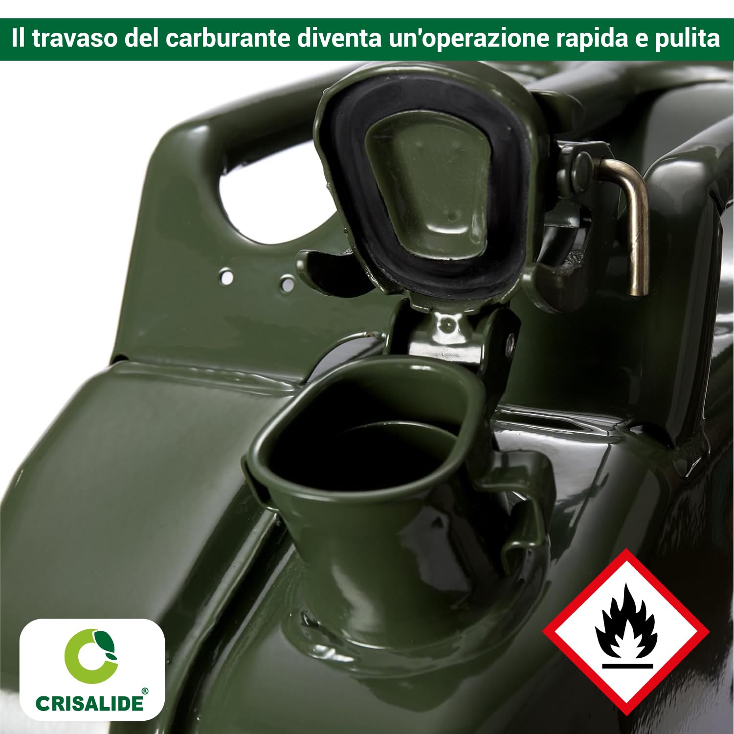 Crisalide® - Bidón de combustible de acero, 5 l, 10 l, 20 l con boquilla de transporte, homologado para transporte de gasolina y gasóleo, antioxidante, cierre hermético, bidón de gasolina de metal (10