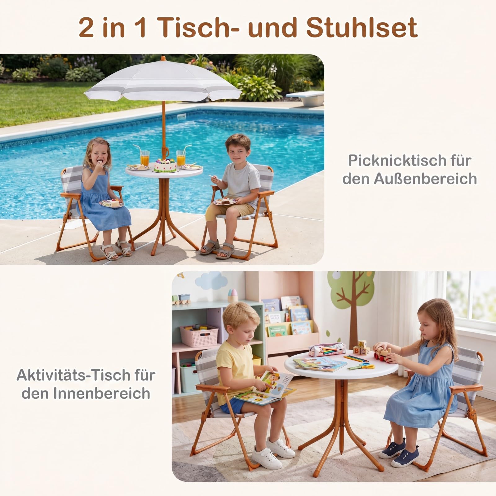COSTWAY Kindersitzgruppe mit höhenverstellbarem Sonnenschirm, 4 TLG. Kindersitzgarnitur mit Tisch & 2 Klappstühlen, Kinder Picknicktisch Outdoor, Kinder Gartenmöbel für Terrasse, Strand (Natur)