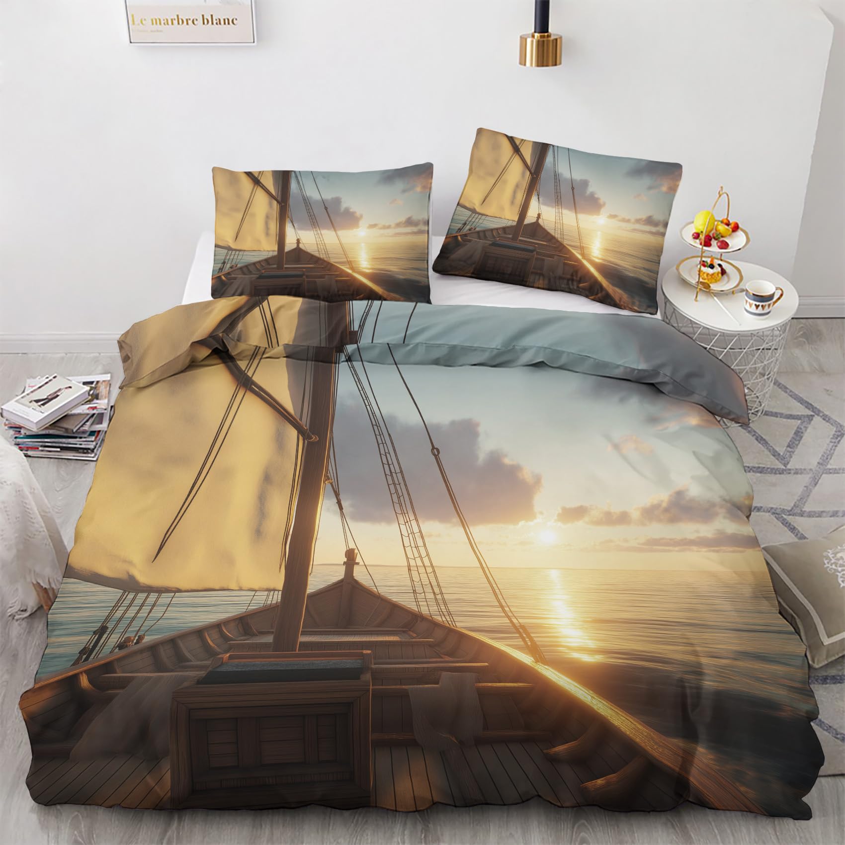 NOGAWA Sailboat Bedding Sets King Size - Sunset Nautical Landscape Duvet Cover King Size, Reversible Quilt Cover & 2 Pillowcases with Zip and Ties, Soft and Breathable Brushed Microfibre Bed Set