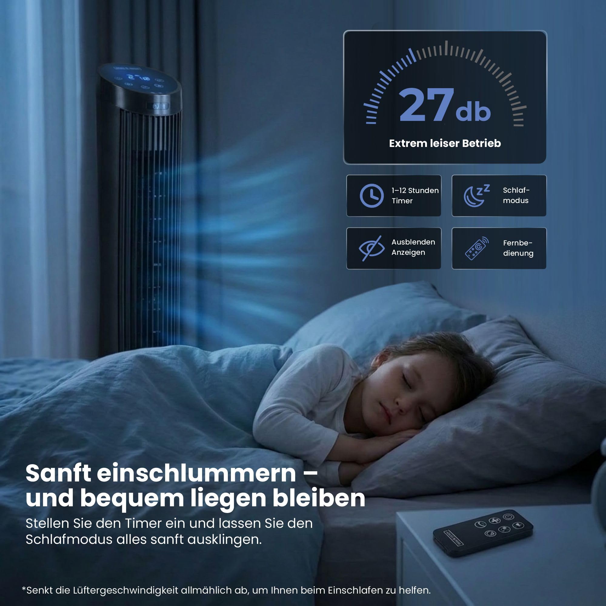 Olsen & Smith Turmventilator mit Fernbedienung | Leiser 27-dB-Ventilator fürs Schlafzimmer | 91 cm (36 Zoll) Standventilator 4 Geschwindigkeitsstufen, 7,5 m/s Oszillationsfunktion mit 12-Stunden-Timer