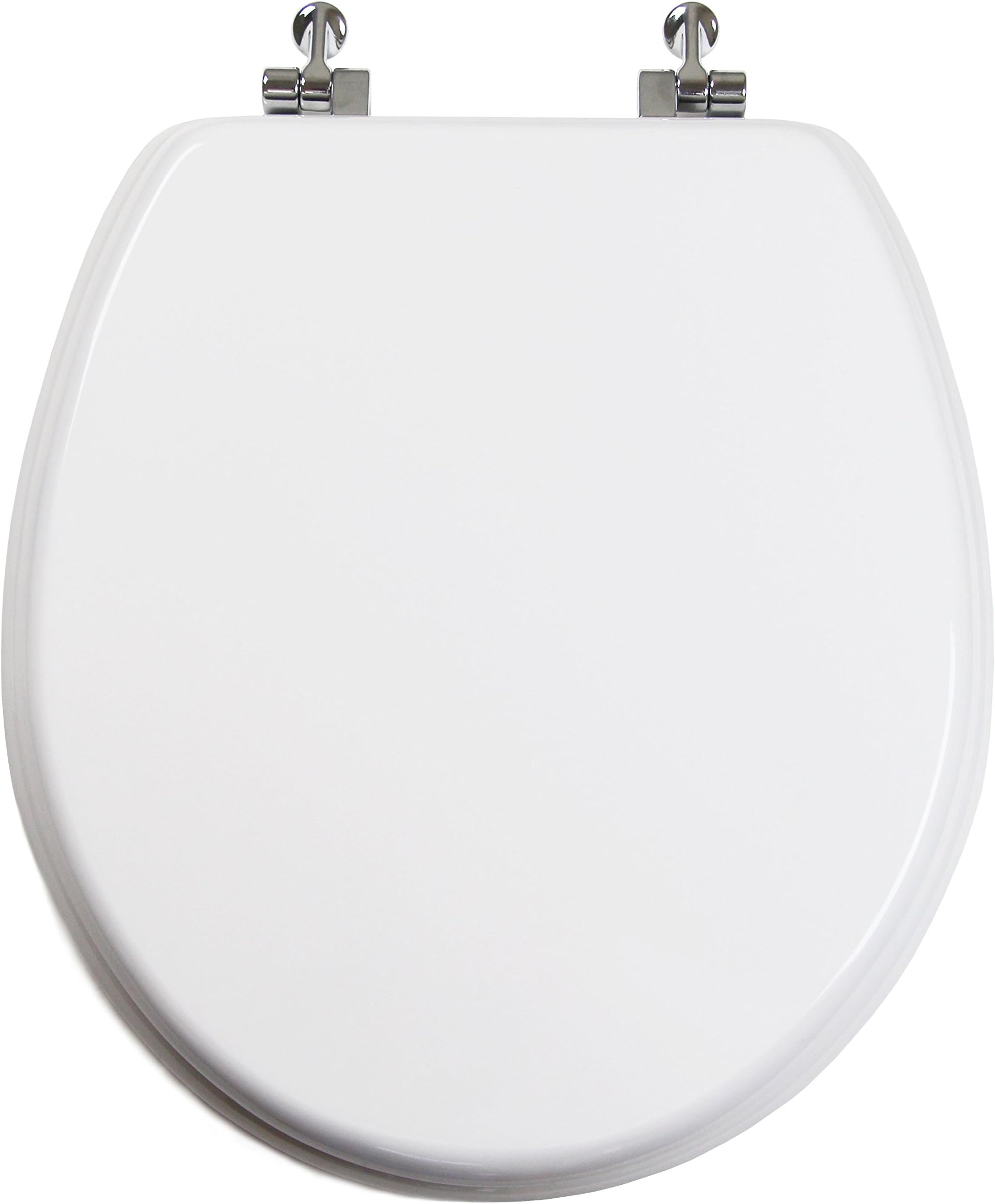 TOPSEAT Round Toilet Seat w/Chromed Metal Hinges, Wood, White