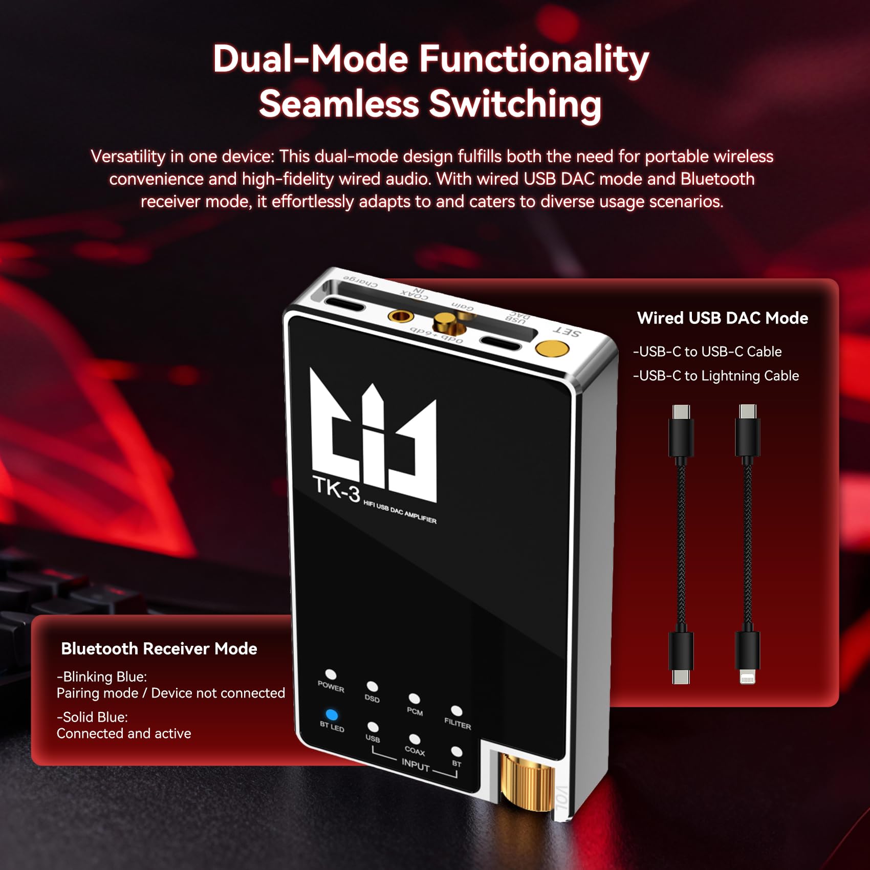 TRI TK3 Amplificatore per cuffie DAC portatile Dual ES9039Q2M, uscite 3,5/4,4 mm, 768 kHz/32 bit, DSD512, batteria da 5000 mAh per audio Hi-Fi, ingresso multiplo USB/Bluetooth/coassiale