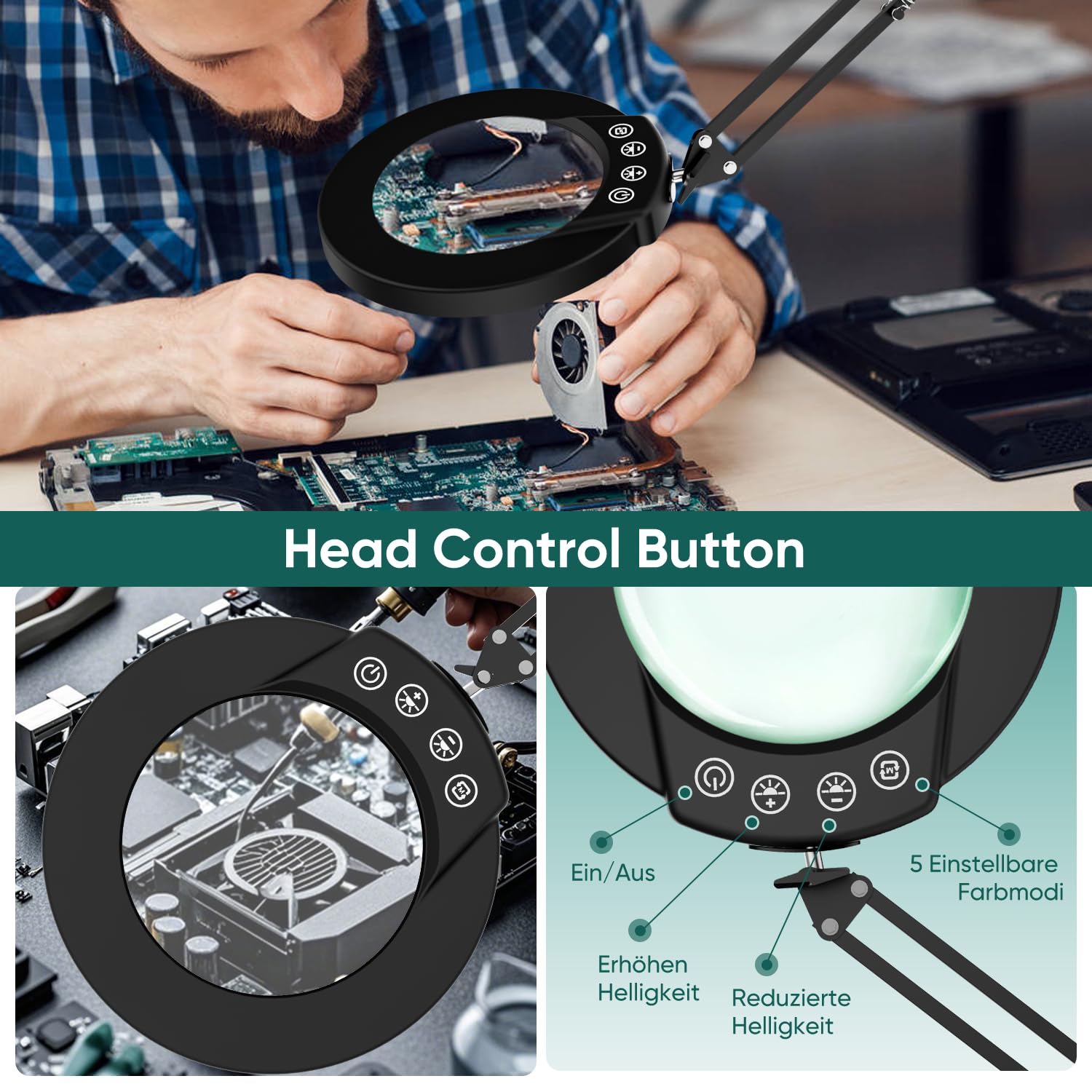 TYEE 10 lupas con luz y pinza, lupa iluminada de cristal auténtico con 5 modos de color y intensidad regulable sin niveles, lámpara de escritorio de control táctil para aficiones, manualidades