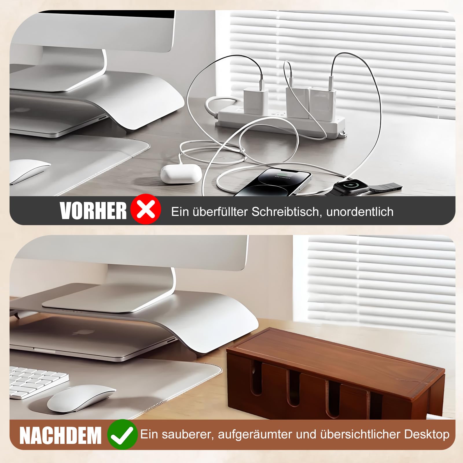 Massivholz Kabelmanagement Box 37,8x14x12cm - Große Kabelbox zum Verstecken von Steckdosenleisten und Kabeln - Braun Holz Kabel Organizer für Schreibtisch, TV und Büro - Kinder- und Haustiersicher