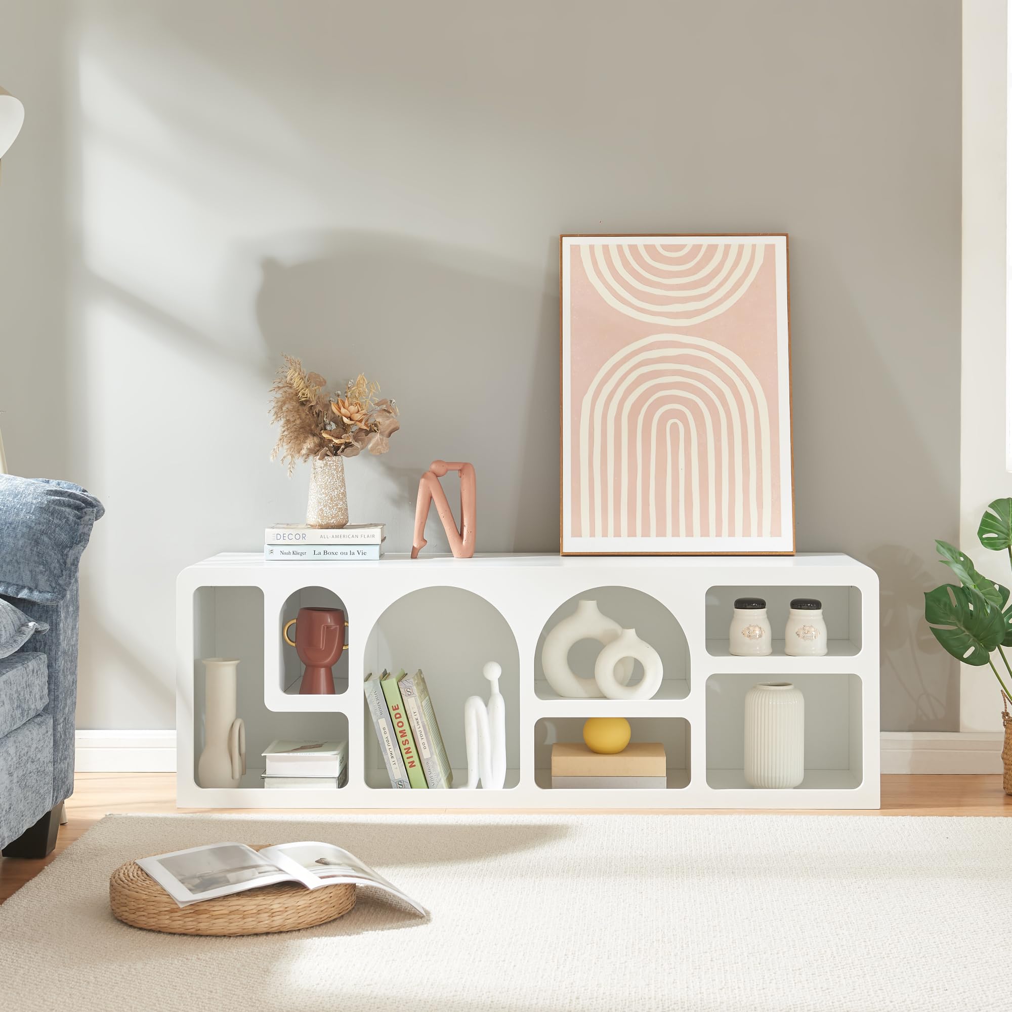 [en.casa] Mobiletto TV Tavolino Porta TV con 7 Scomparti da Forme Geometriche Mobile Basso per Soggiorno Stand TV e Centri Multimediali 140 x 40 x 48 cm Bianco