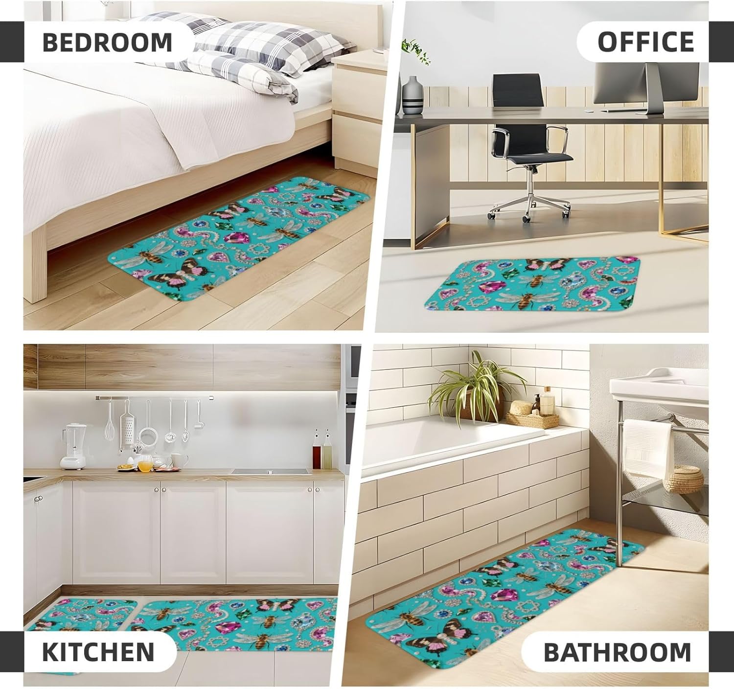 Jewel Insect Pattern Kitchen Rugs Set of 2, Cushioned Anti-Fatigue Kitchen Mats for Floor, Waterproof Comfort Standing Mat Absorbent Velvet Kitchen Runner Rugs 17"x30"+17"x47"
