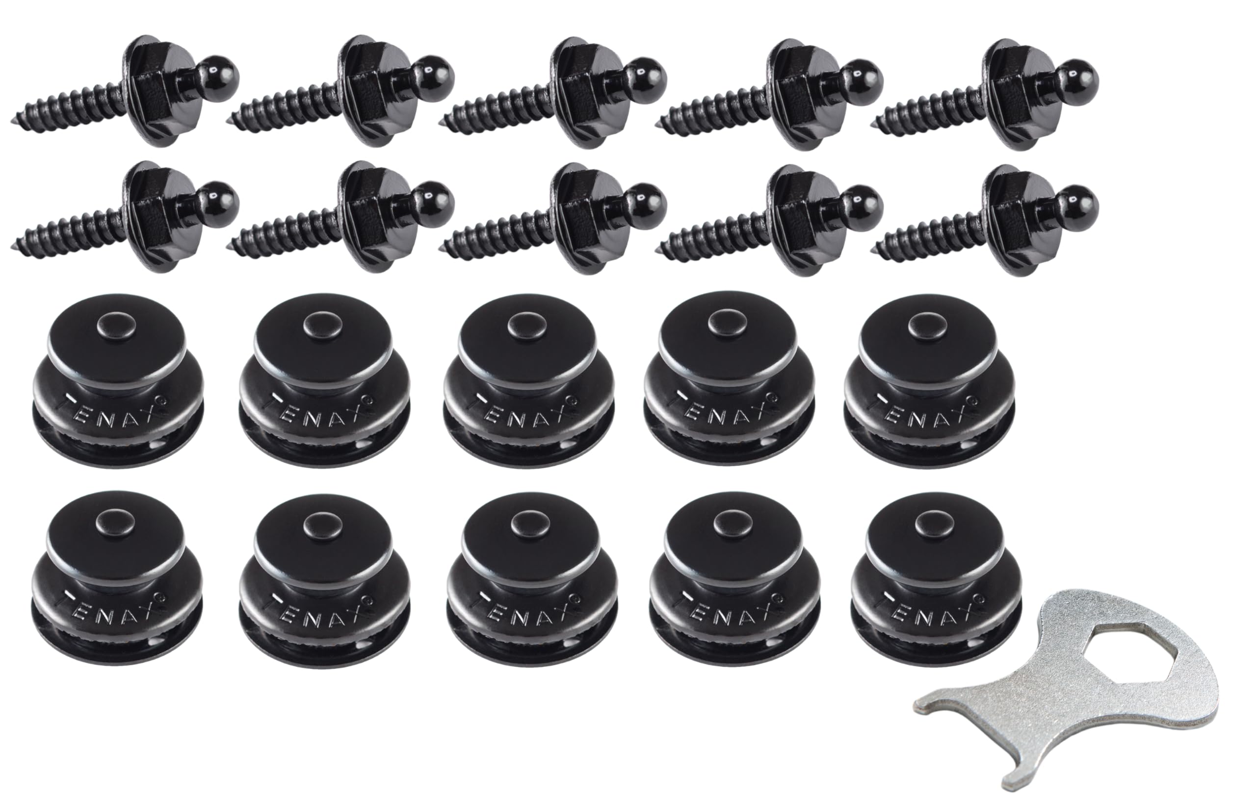 Tenax Buttons Black 10 Tops + 10 Lower Parts Tapping Screws 4.2 x 16 mm + 1 Tenax Key, Top + sheet metal screw + key, Pack of 10