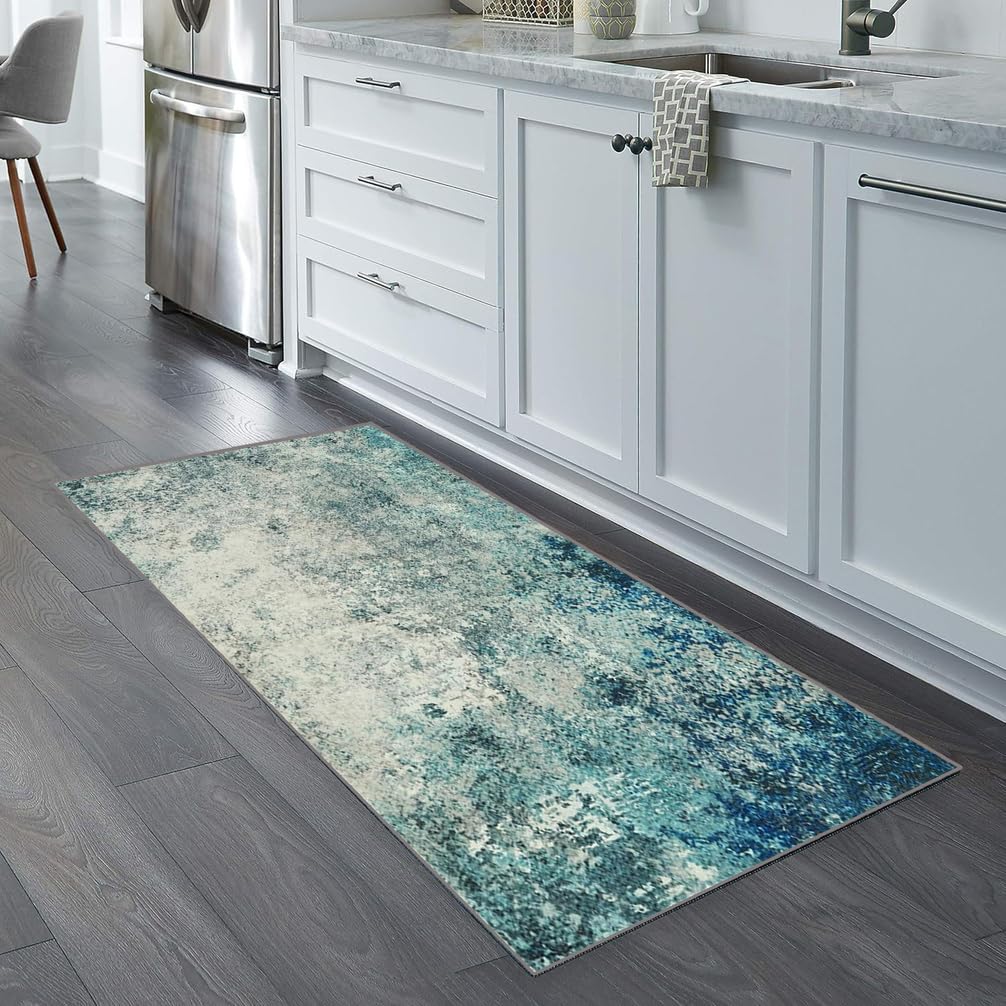 Teppichläufer rutschfest Läufer Flur 60x200cm Bettvorleger Küchenteppich Abstrakt Cyan Grau Waschbar Meterware Schlafzimmer Korridor Teppich Lang, Länge Anpassbare, 60-174cm Breit