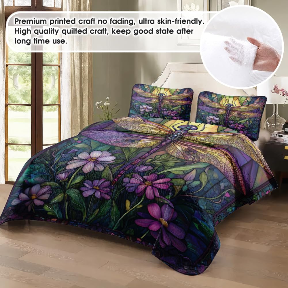 Custom Dragonfly Quilt Bedding Set, Dragonfly Throw Queen Twin Full Sizes, Patchwork Quilt for Girl Bedroom Decor, Soft Lightweight Comforter, Dragonfly Decor Gift (Purple Patchwork Dragonfly)