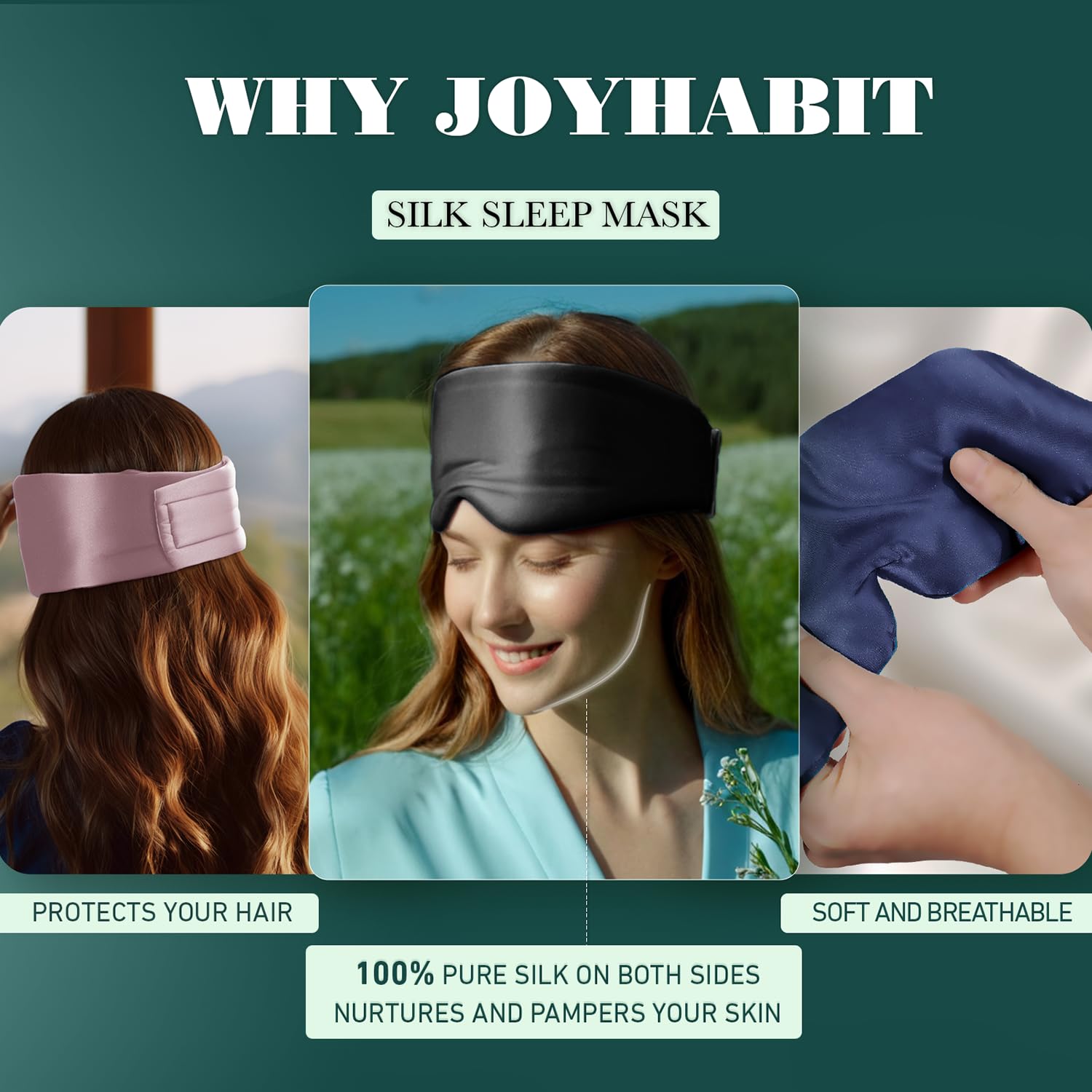 Joyhabit Antifaz para dormir de seda para mujeres y hombres, color negro clásico, comodidad de lujo para relajación y sueño de belleza, ultrasuave y transpirable, protege el cabello y la piel