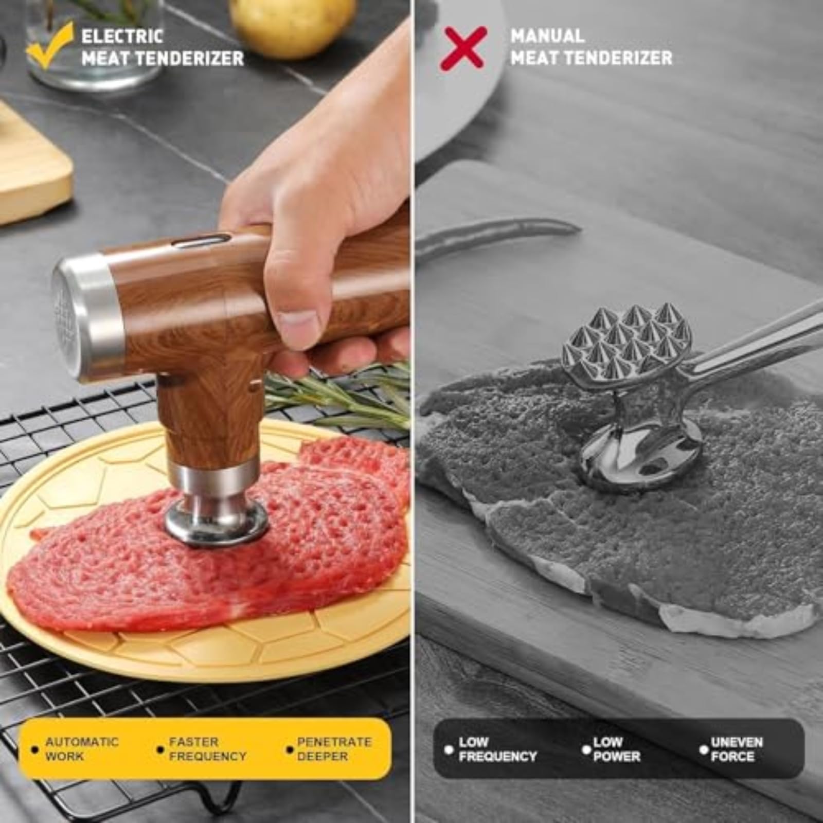 Batticarne elettrico, gadget da cucina portatile con 2 teste a martello in acciaio inox, 6 livelli regolabili per una carne perfettamente tenera