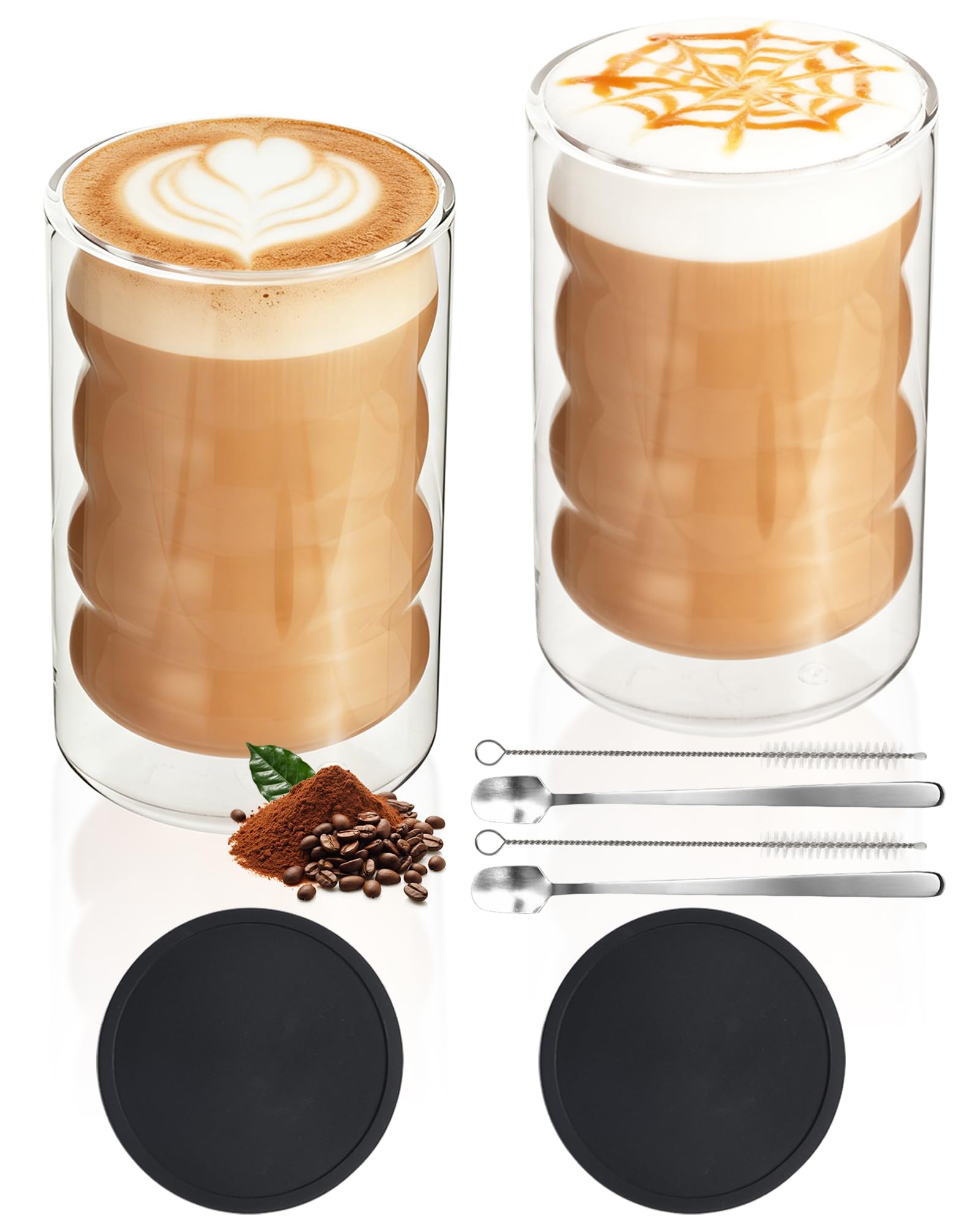Podwójnie ścienne szklanki do kawy 350ml na latte macchiato, zestaw 2 sztuk | Odporne na gorąco i zimno, bez skraplania, wykonane ze szkła borokrzemowego, idealne do cappuccino, kawy oraz herbaty
