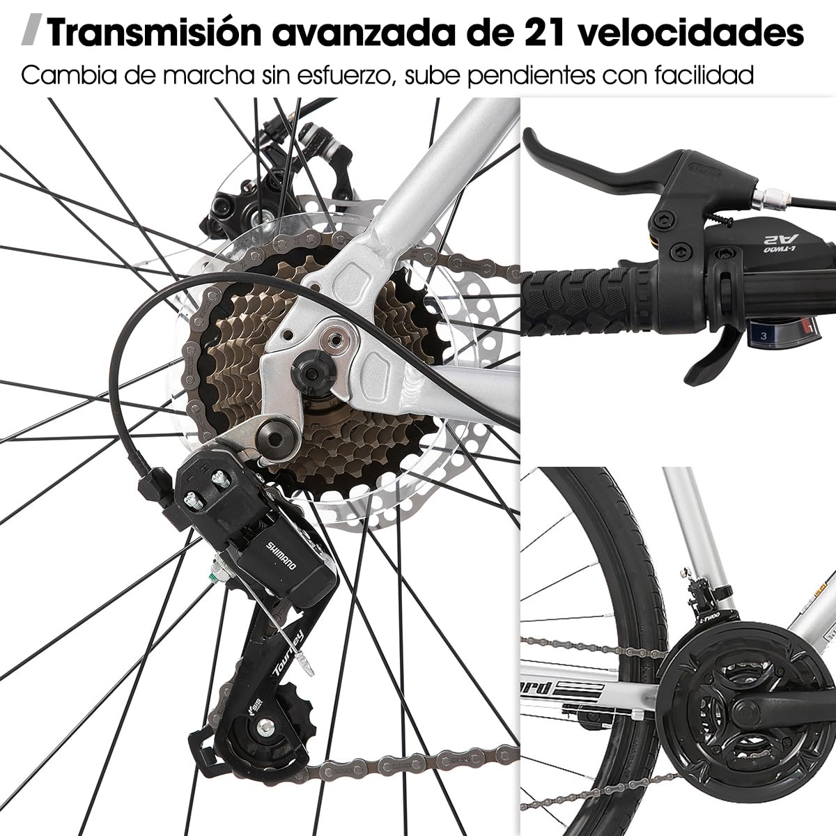 Hiland Bicicleta de Carretera Urbana 28 Pulgadas, Cuadro de Aluminio 700C Unisex, Frenos de Disco Delanteros y Traseros, 21 Velocidades, Cuadro 530/570 mm, Negro/Rojo/Plateado