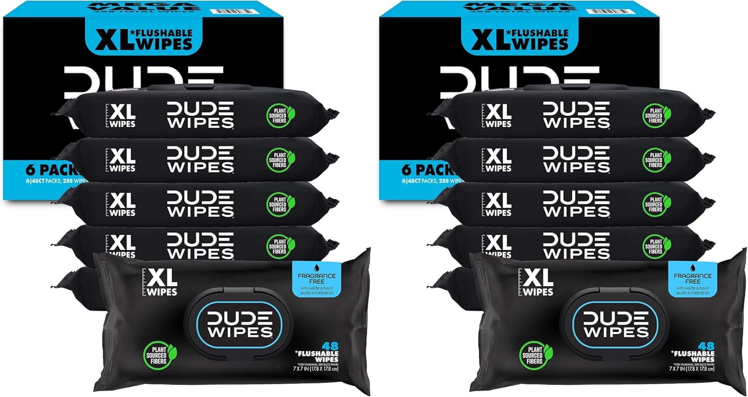 DUDE Wipes - Flushable Wipes, Unscented - Extra-Large - Vitamin-E & Aloe - Septic and Sewer Safe,48 Count (Pack of 12)