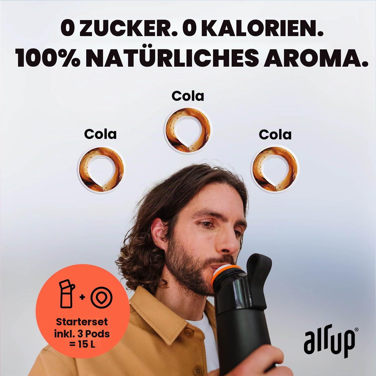 Air up® Wasserflasche (473ml) Black Steel + 3 Cola-Kapseln | Zuckerfreie Geschmackskapseln & Wasserflaschen mit Strohhalm | Aromatisierte Wasserflasche