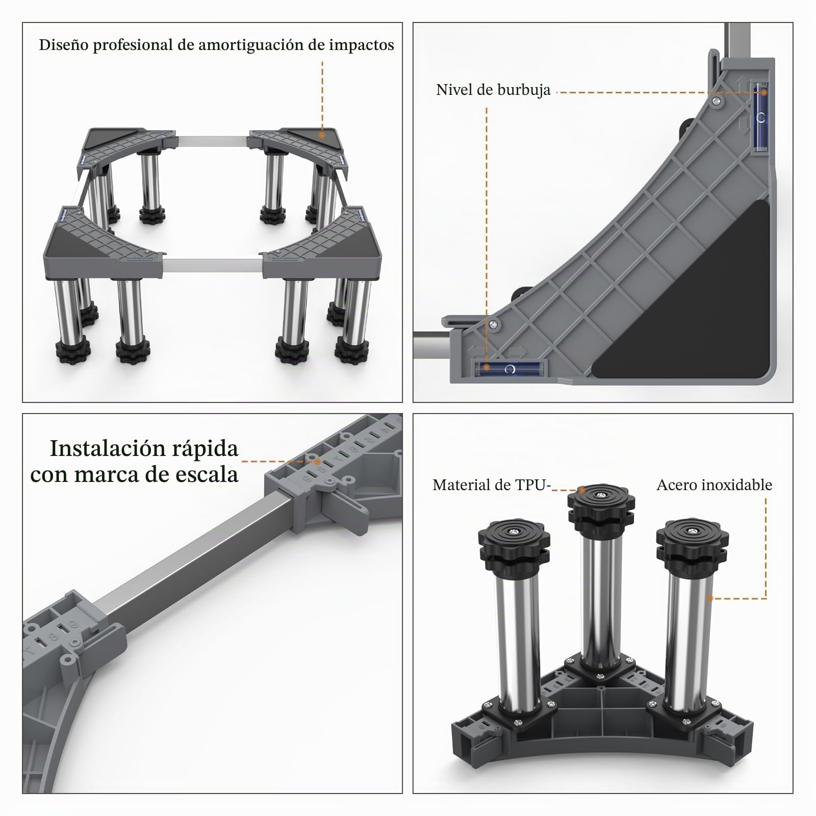 DEWEL Base Lavadora de Acero Inoxidable, Base Elevador Lavadora Estable con 12 Patas de Altura 18-20cm, Soporte Ajustable para Lavadora Secadora Frigorífico de Tamaño de 43.5-63cm, Carga 250kg