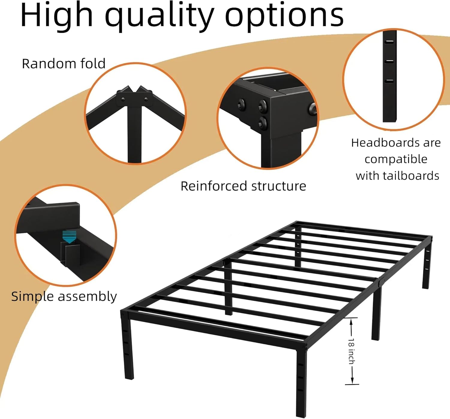 18 Inch Twin Bed Frame, Twin Size Bed Frame with Underbed Storage Space, Metal Platform Bed with Max 2000lbs Heavy Duty Metal Slat Support, No Box Spring Needed, Easy Assembly, Black