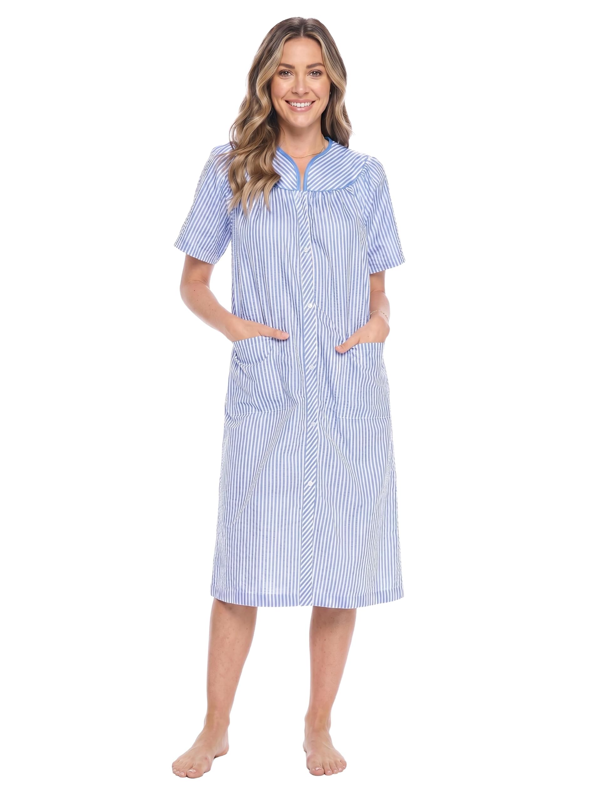 Casual Nights Women's Snap - Front House Dress Short Sleeve Woven Housecoat Duster Lounger Robe with Pockets