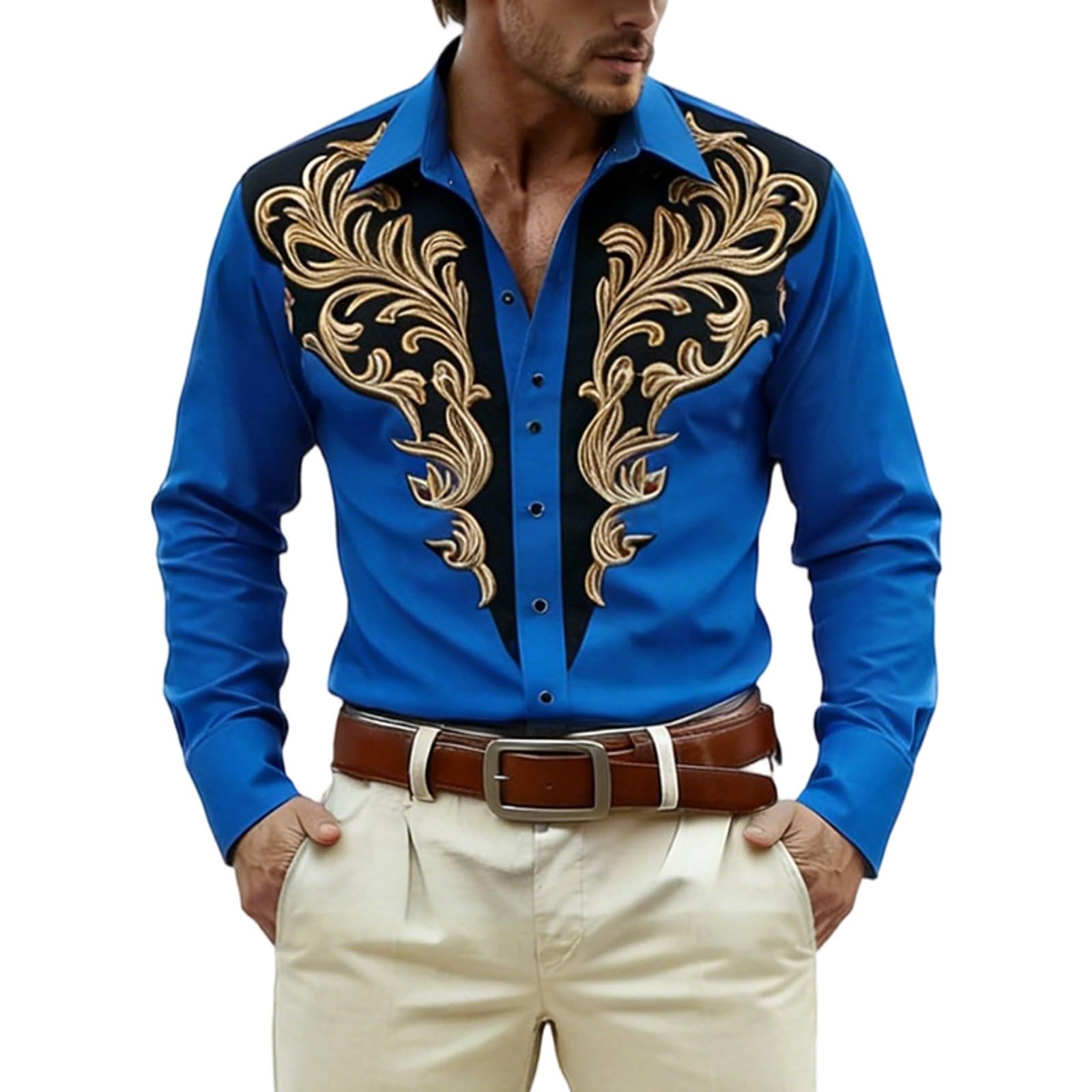 Long Sleeve Shirt with Print for Festive Western and Cowboy Outfits - Medieval Shirt with Buttons for Casual and Parties, blue, S