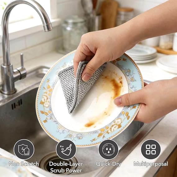 20 Pcs Double-Layer Silver Mesh Dishcloth, Multipurpose Non Scratch Wire Dishcloth, Reusable Wet and Dry Metal Dishcloths for Kitchen Cleaning, Sink, Dishes, Stove Top (20 x 20 cm)