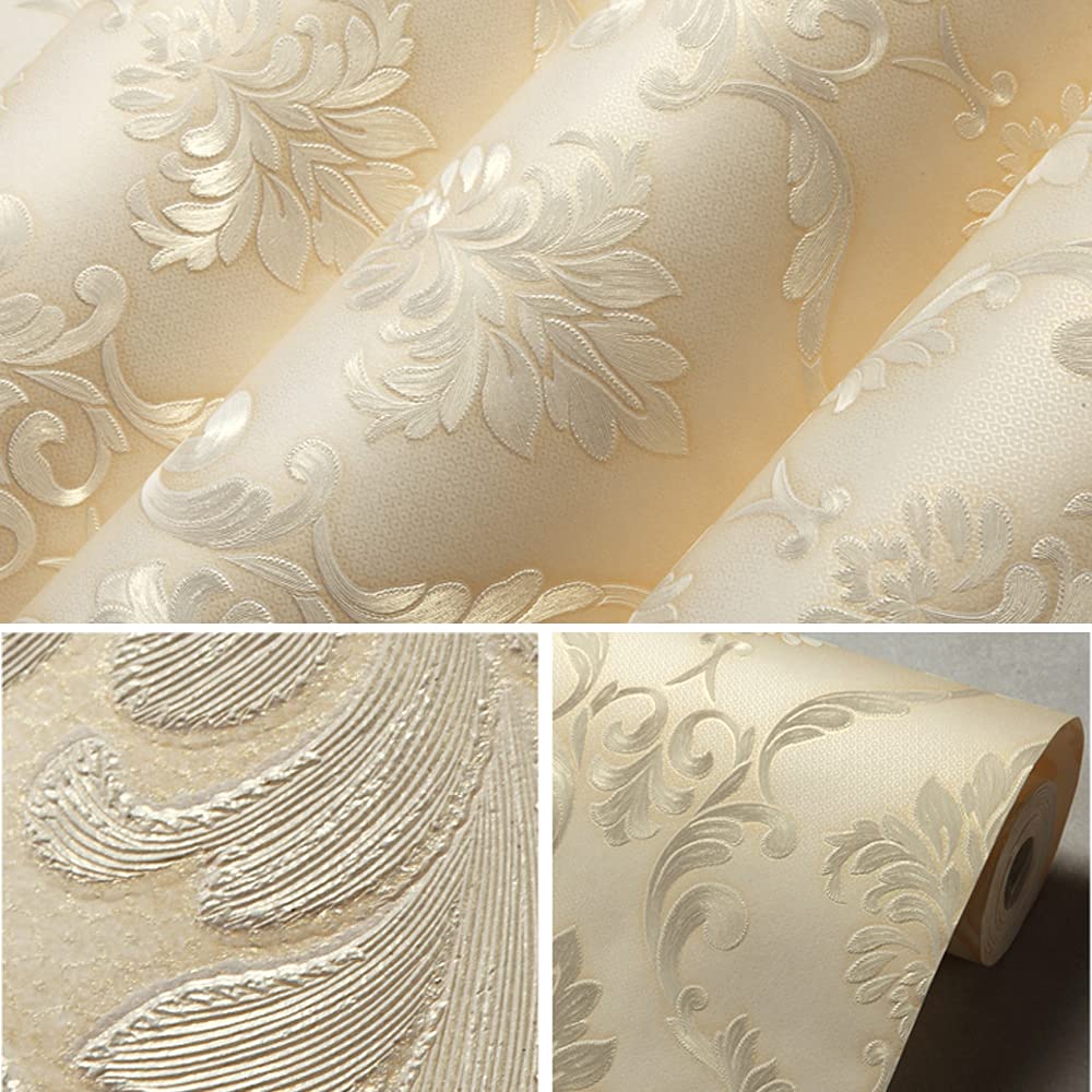 20.87Wx393.7L Damask 3D Embossed Modern Minimalist Restaurant Bedroom Living Room TV Background Non-Woven Wallpaper 20.87Wx393.10L Non-Pasted (Beige) - Image 3