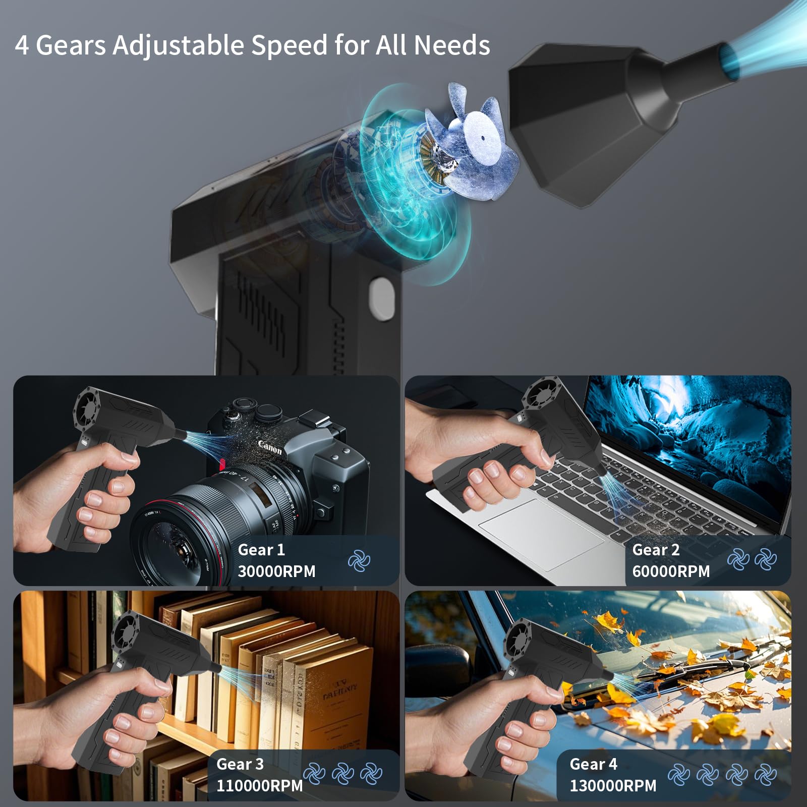 Compressed Air Duster Cleaner for PC, 4 Gear Adjustable 130000RPM Electric Air Duster, Portable Air Dust Blower, Cordless Compressed Air Duster for Computer, Keyboard, Outdoors and House Cleaning — view 4