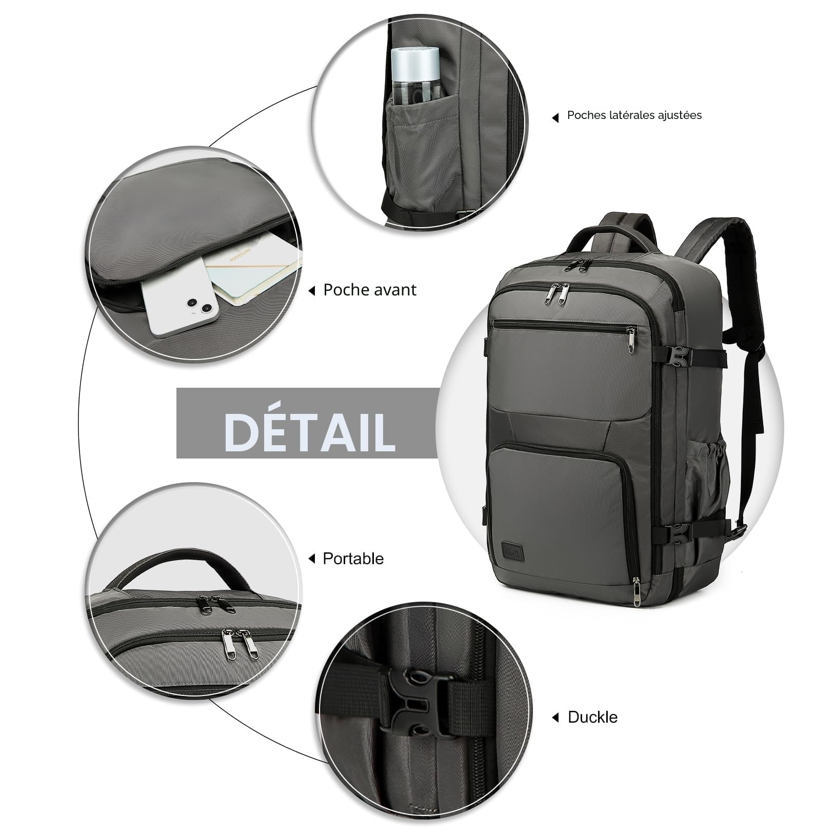 Kono Sac à Dos Cabine 38L Robuste Et Résistant, Bagage à Main, Gris | Grande Capacité 38L, En Polyester Résistant à L'Eau - Idéal Pour Les Week-Ends Et Voyages, Solide Et Léger.