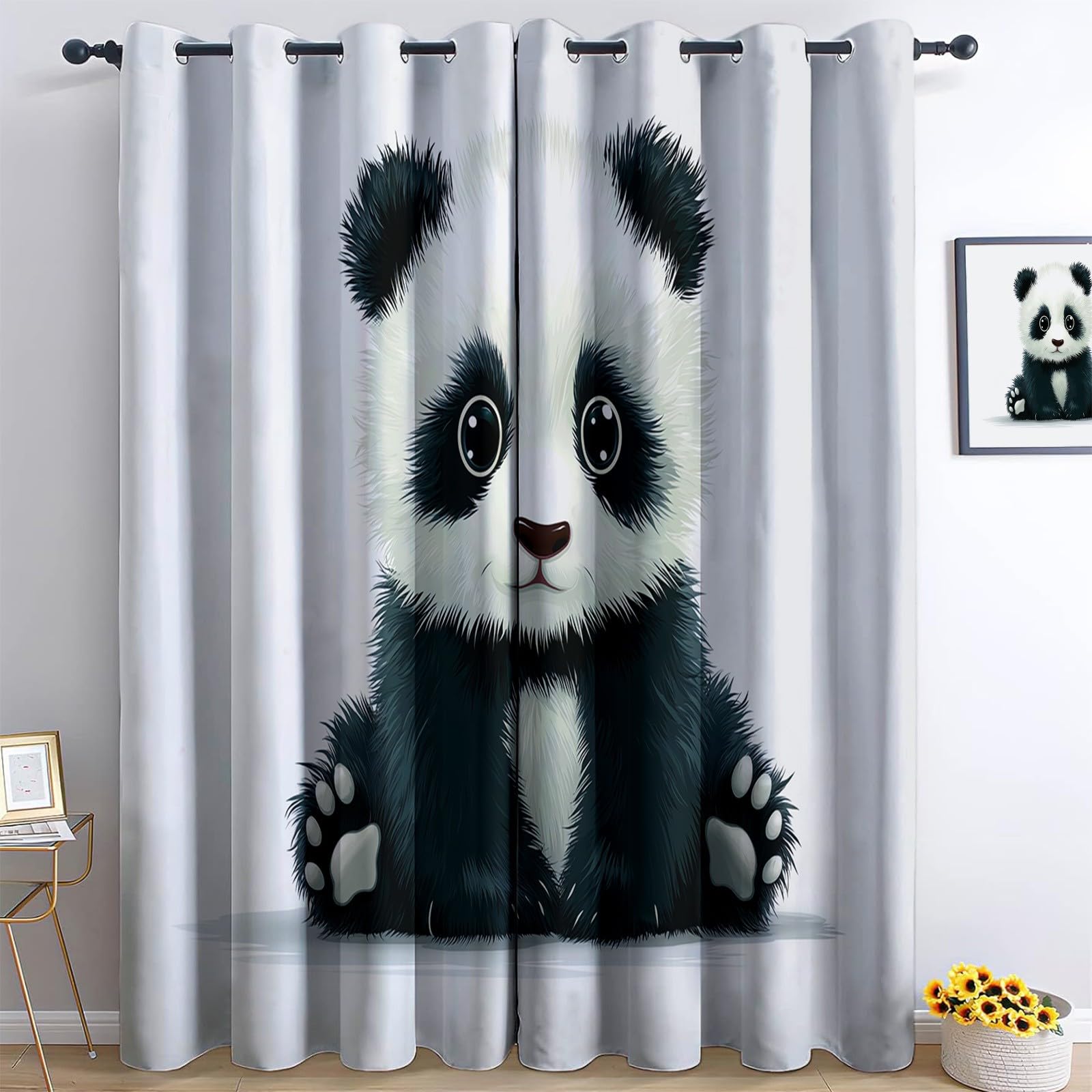 Cartoon Animals Panda Termiczna zasłona zaciemniająca 140 x 225 cm Zestaw 2 sztuk, zasłony do salonu, do salonu, domu, izolacja termiczna, ochrona przed zimnem, biała