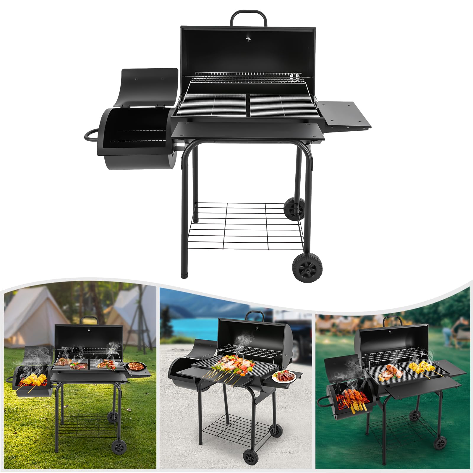 Barbecue a carbonella con carrello e coperchio con termometro, barbecue con affumicatore e ruote, cassetto per la cenere, doppio piano di cottura per un massimo di 10 persone, giardino, terrazzo