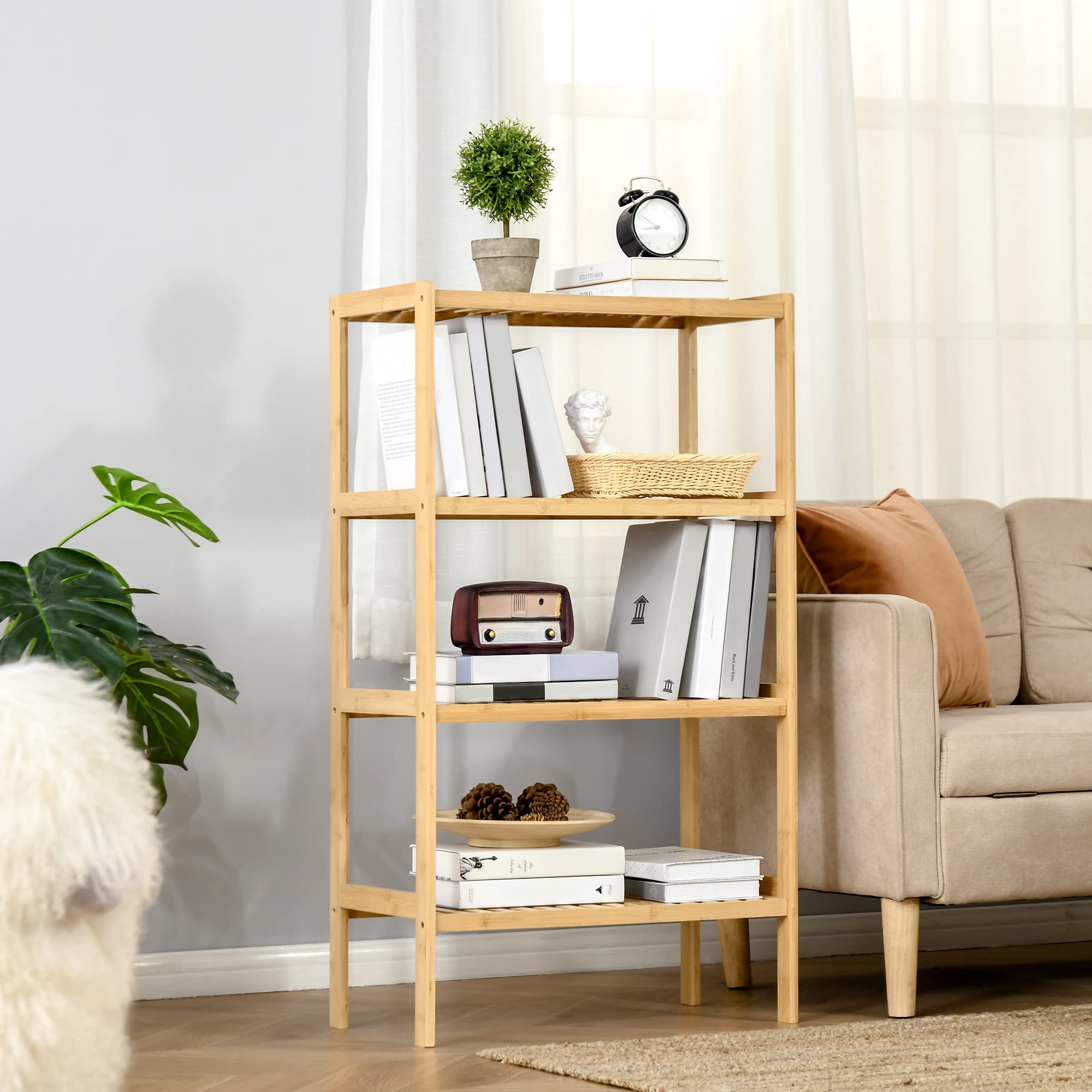HOMCOM Badregal Standregal mit 4 Ebenen für Bad Natur 62 x 33 x 112 cm | Bambusregal, Küchenregal, für Küche, Wohnzimmer, Flur