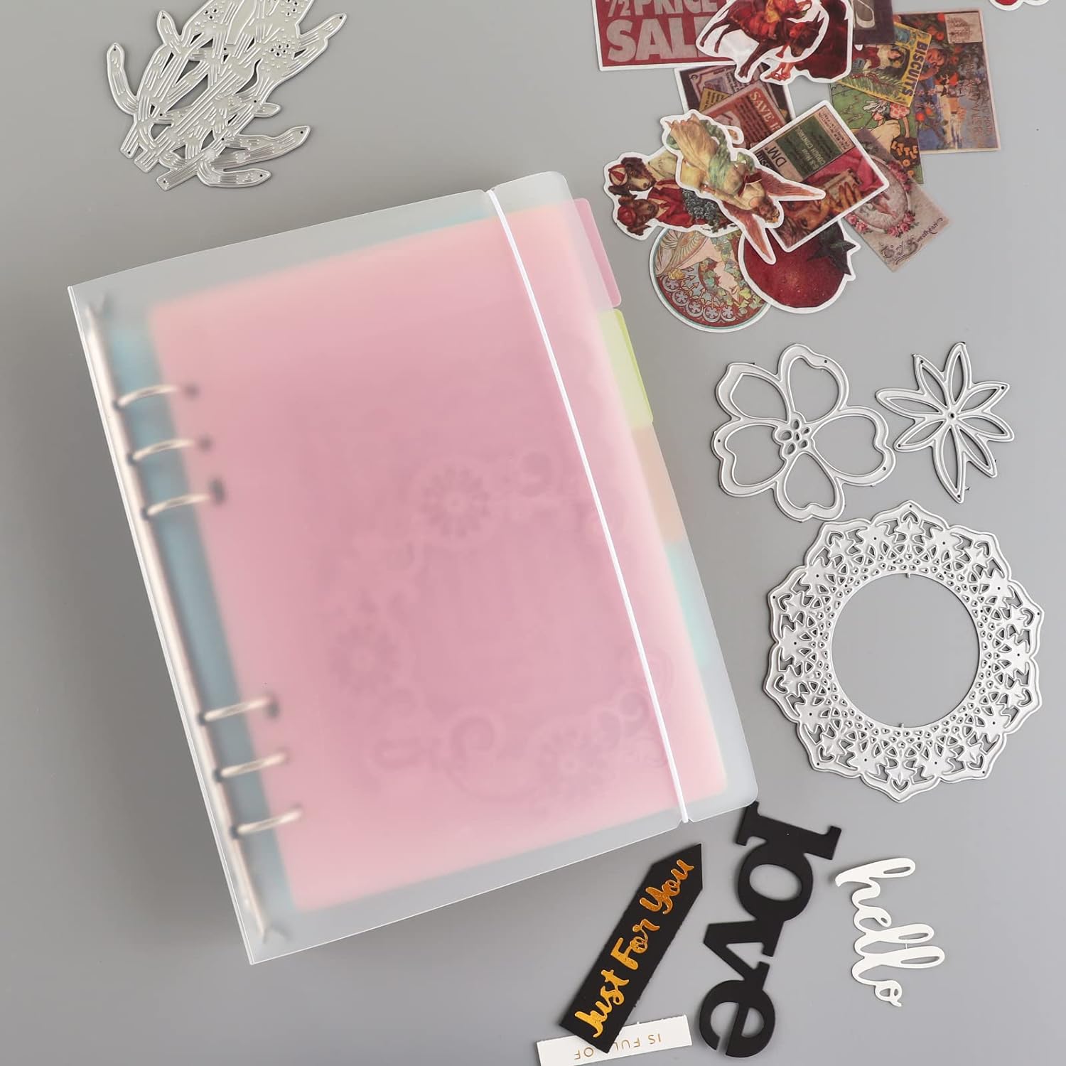 10PCS A5 6 Ring Binder Cover Clean Transparent Soft PVC with Matching Rubber Band for Refillable Notebook Shell with Matte Surface for Stamp & Die Storage（9x6.9inch /23x17.5cm）