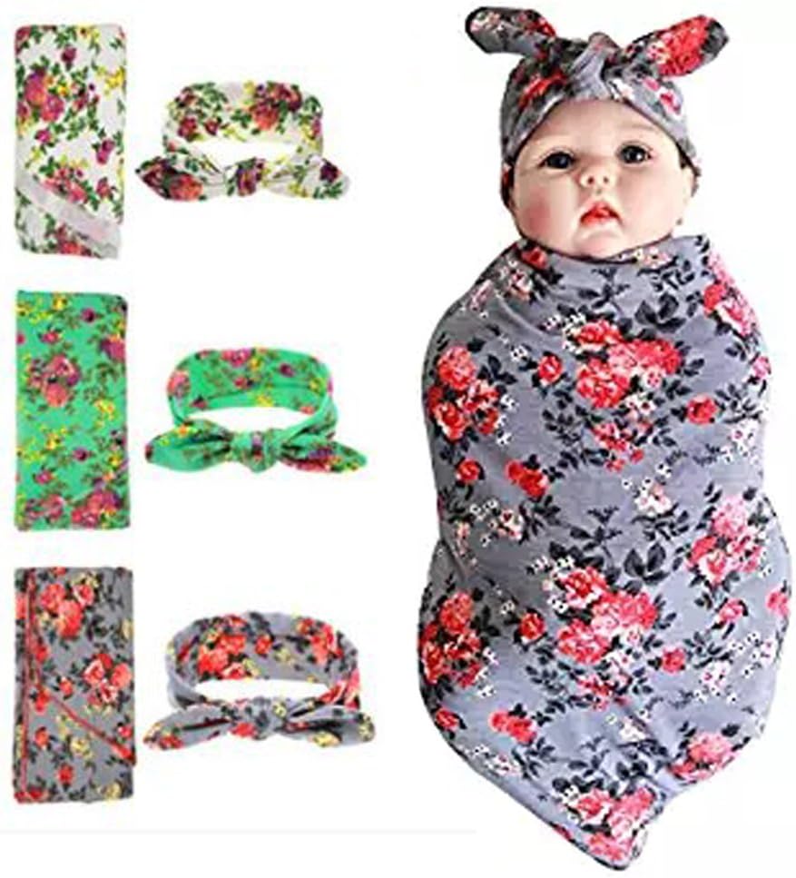 Newborn Swaddle Blanket Headband with Bow Set Baby Receiving Blankets (A Floral 3 Packs)