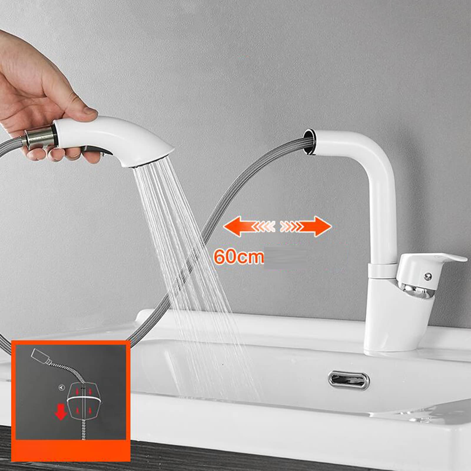 Grifos de Lavabo con Ducha Extraible Blanco Grifo Fria y Caliente Elevador Telescópico Giratorio Grifos Lavabos Latón