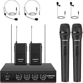 Phenyx Pro Wireless Microphone System, 4-Channel VHF Wireless Microphone Set with 2 Handhelds/2 Bodypacks/2 Lapels/ 2 Headset, Metal Receiver, Ideal for Church, Meeting, Conference(PTV-2000B)