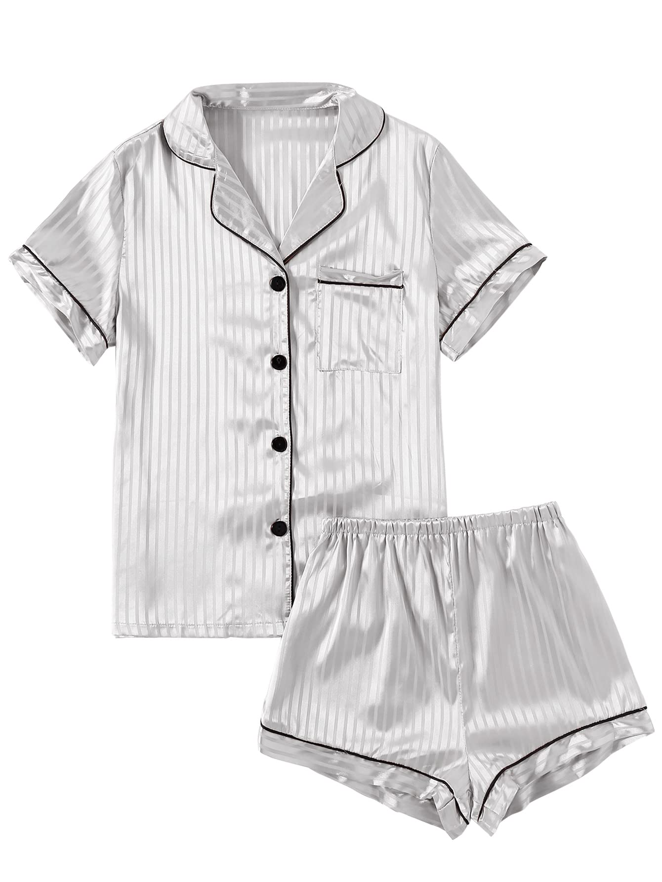 Womens Striped Silky Satin Pajamas Short Sleeve Top With Shorts