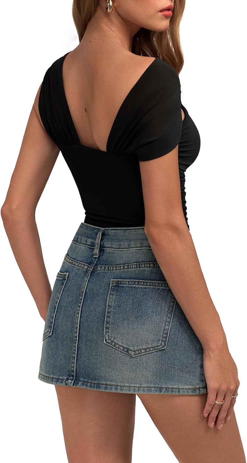 REORIA Womens Sexy Asymmetrical Leopard Print Mesh Ruched Going Out Bodysuits Tank Tops - Image 4