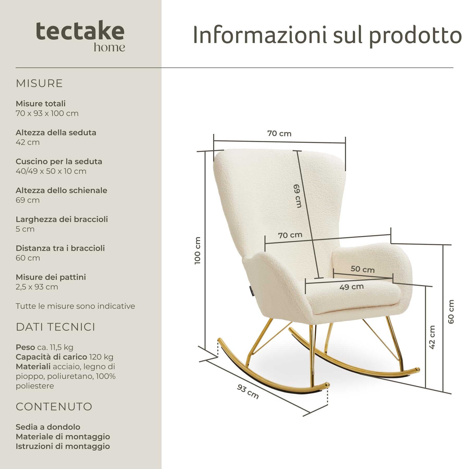 tectake® Sedia a Dondolo, Morbidissimo Velluto, Cuscino Removibile, Lavabile, Poltrona a Dondolo, Schienale e Braccioli Generosi, Telaio Robusto in Acciaio, Pattini Massicci, Antigraffio - Crema/Oro