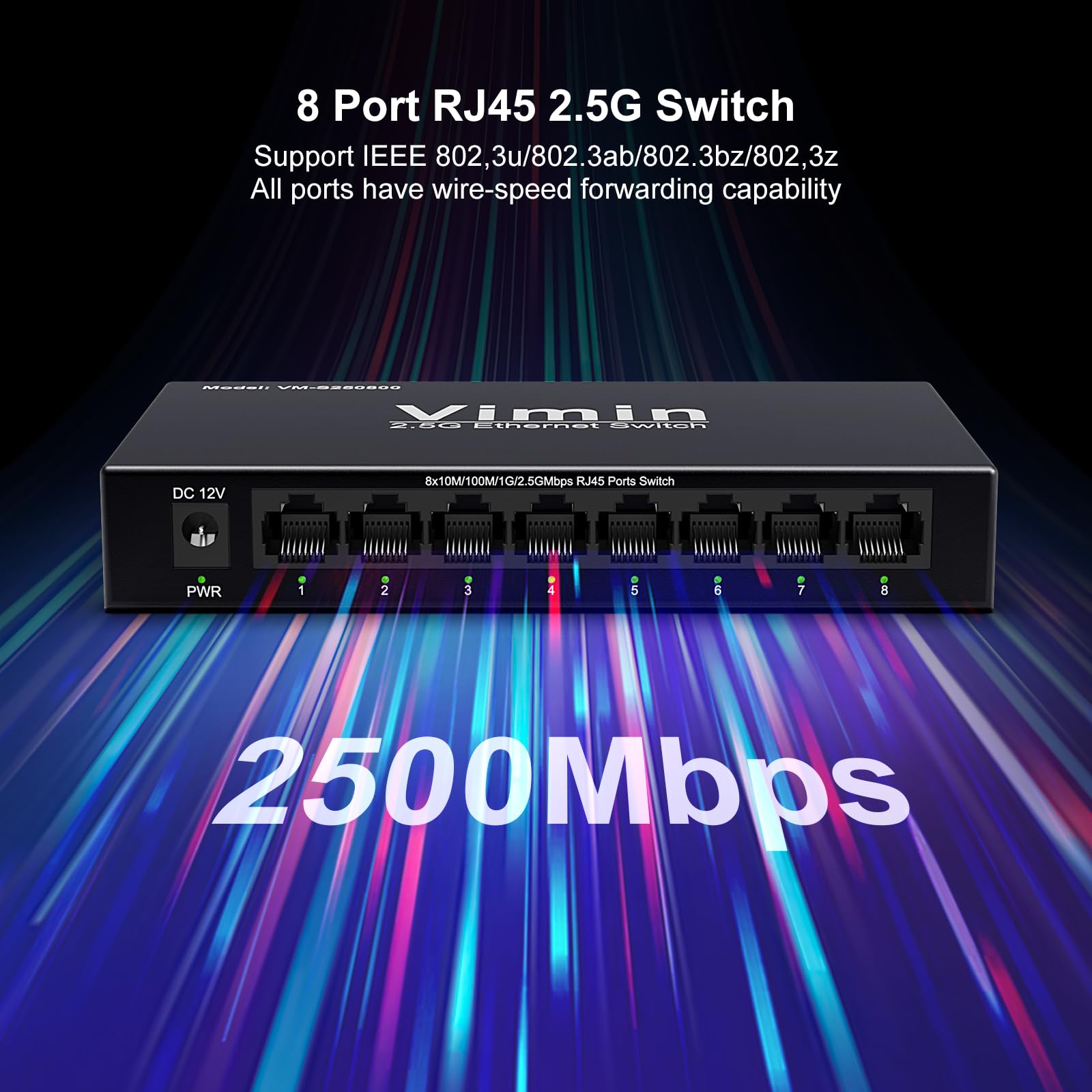 2,5G Switch Unmanaged mit 8 Ports, VIMIN 8x2,5G RJ45 Anschlüsse Switch, Plug&Play 2,5G Ethernet Switch, Metallgehäuse, für Tisch- oder Wandmontage, für Heim und Büronetzwerke