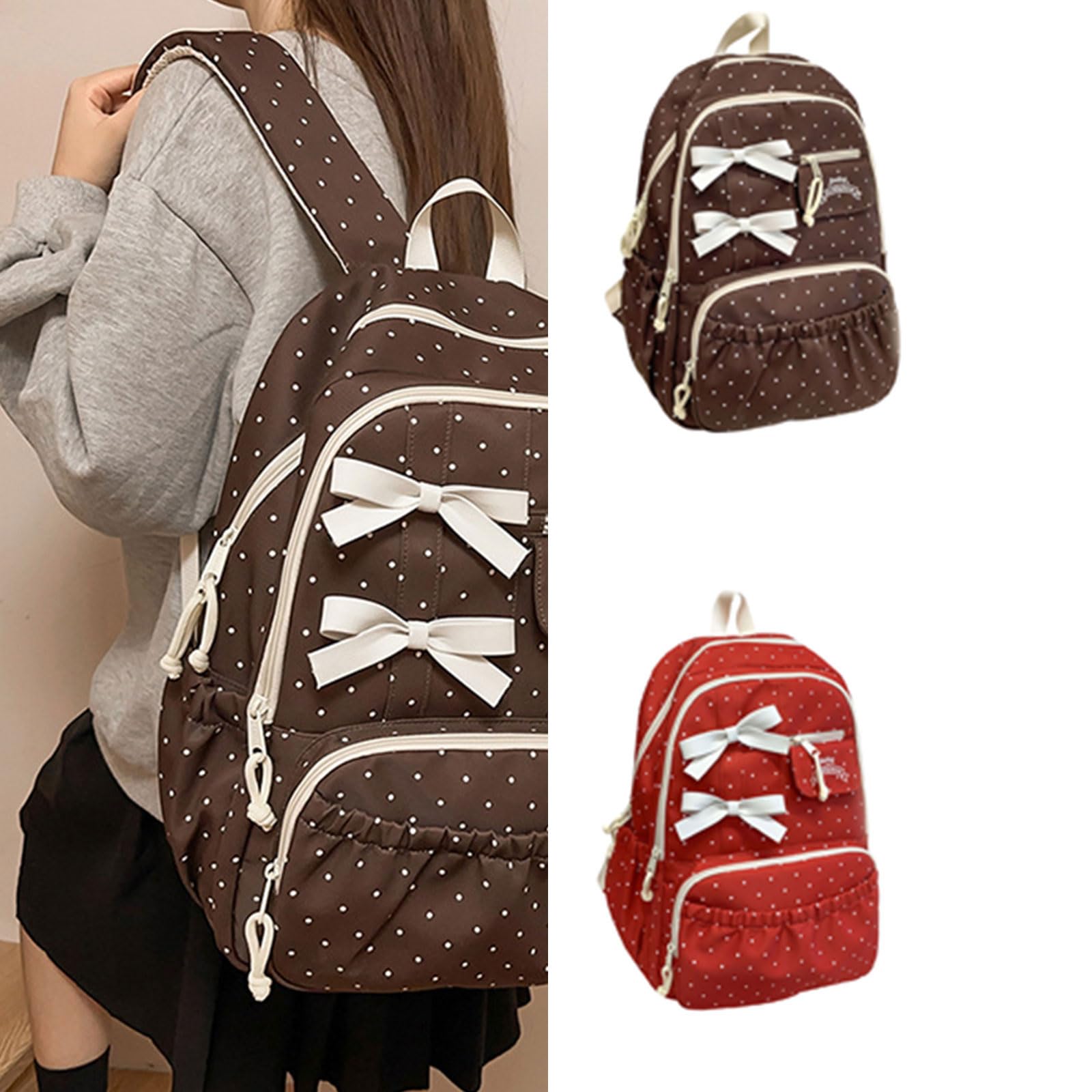Elegante zaino a pois per donne e uomini grande capacità pratica borsa da libro in nylon con comoda tracolla casual Daypack, Colore caffè.