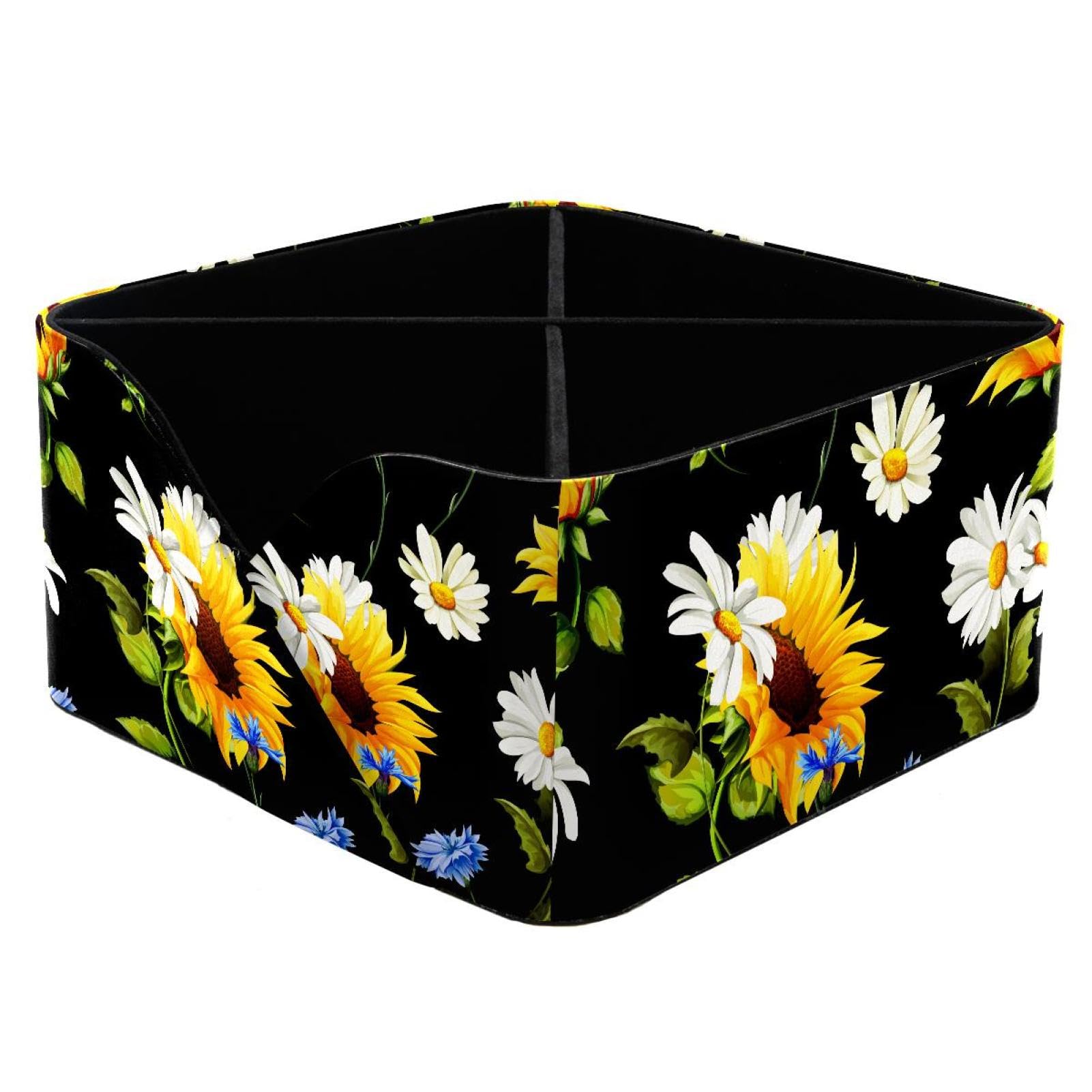 KengjuTesu Sunflowers Chamomile Cornflowers Pattern Desktop Organizer Pen Holder, Rectangular Pencil Cup for Office, Study and Makeup Stations