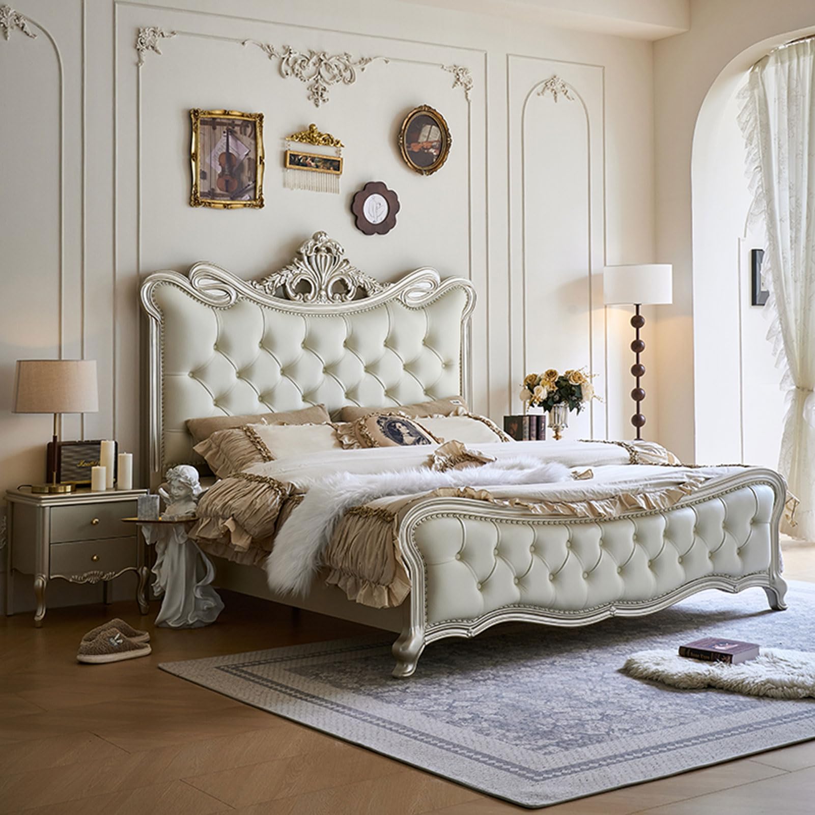 Modern King Size Genuine Leather Bed Upholstered Platform Bed Frame with Headboard and Storage Drawers No Box Spring