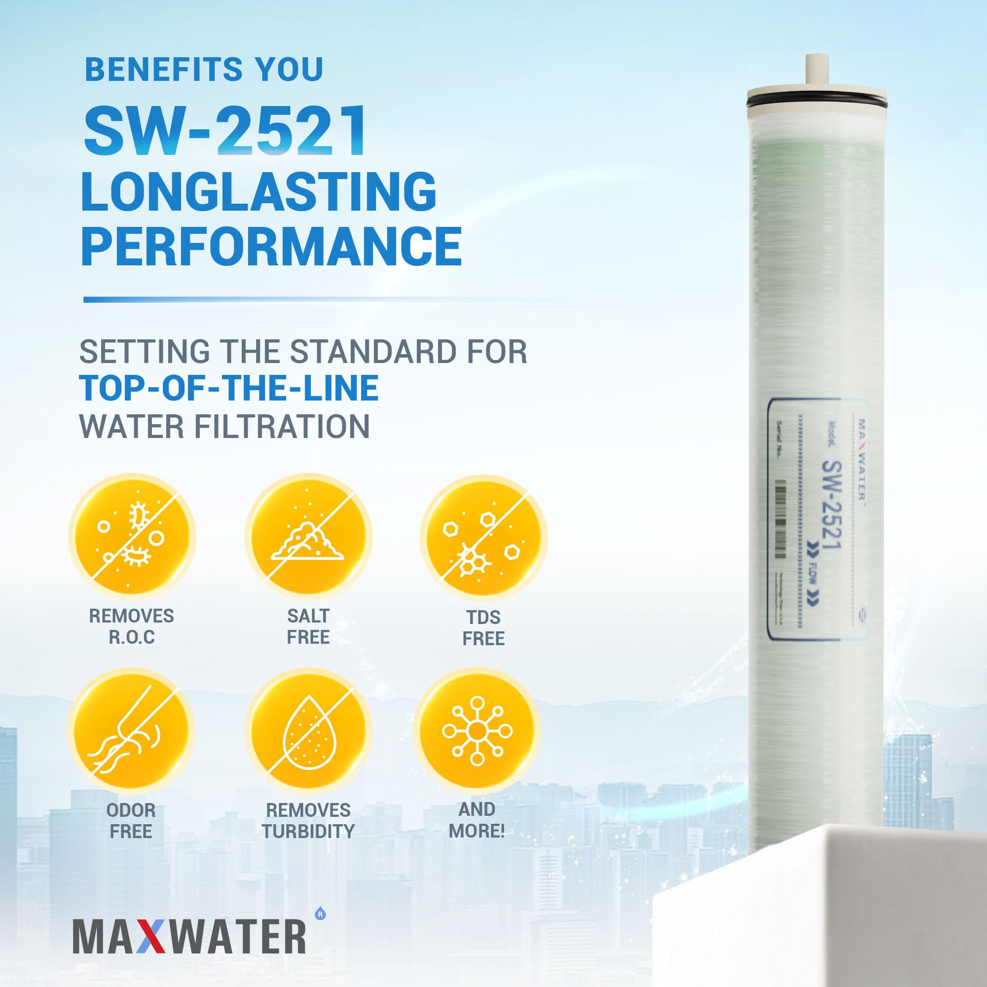 Max Water Membrana de ósmosis inversa buena para el rechazo alto de sal - agua de mar y agua salobre - Industrial, farmacéutica, caldera, agrícola, toda la casa (SW 2521)
