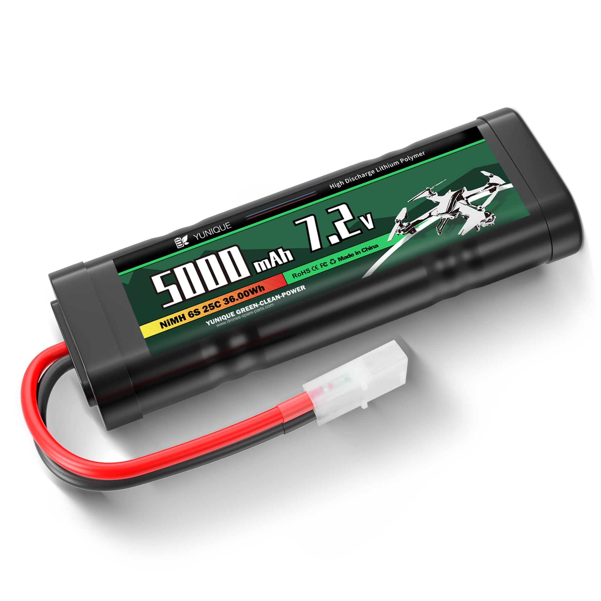 YUNIQUE GREEN-CLEAN-POWER Akumulator NiMH 7,2V 5000mAh z mocowaniem Tamiya i kablem silikonowym - 6 ogniw - Rozmiar 135 x 47 x 24 mm - Duża pojemność dla modeli RC