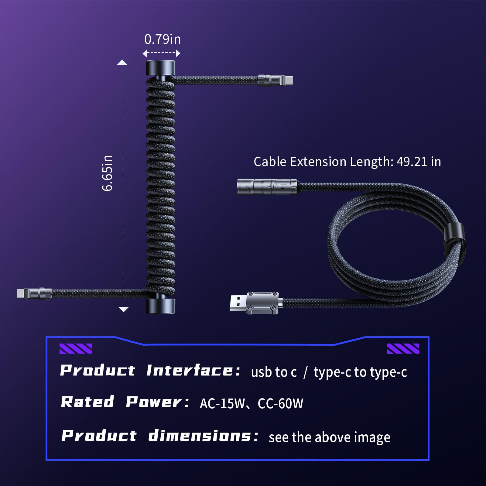Cable de teclado en espiral mixto, USB C a A, nailon trenzado para teclado mecánico de juegos con conector de aleación de zinc, bloqueo de un solo toque y barra pesada, soporta teclado