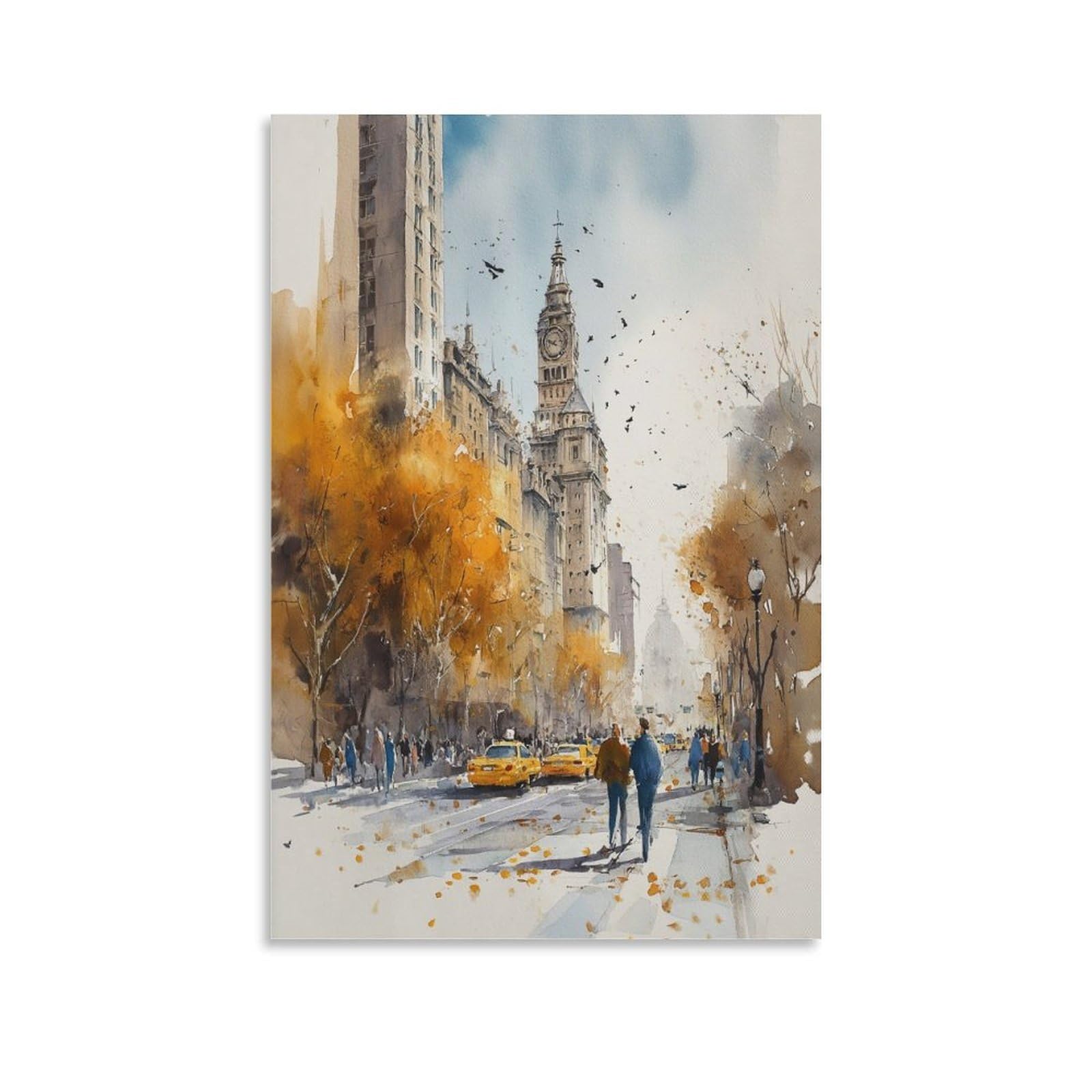 XWYMXZ New York Retro Manhattan Cityscape 24x36inch(60x90cm) Vintage Travel Poster Watercolor Canvas Art